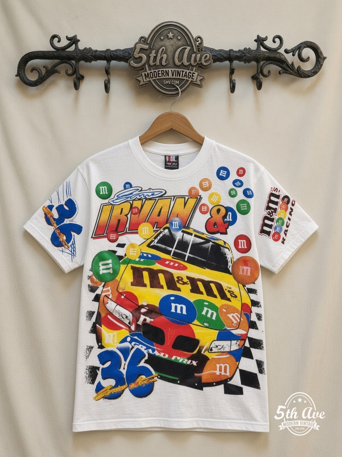 NASCAR Ernie Irvan 36 M&Ms Racing all over print vintage nascar t-shirt front on cream 5th Ave rack