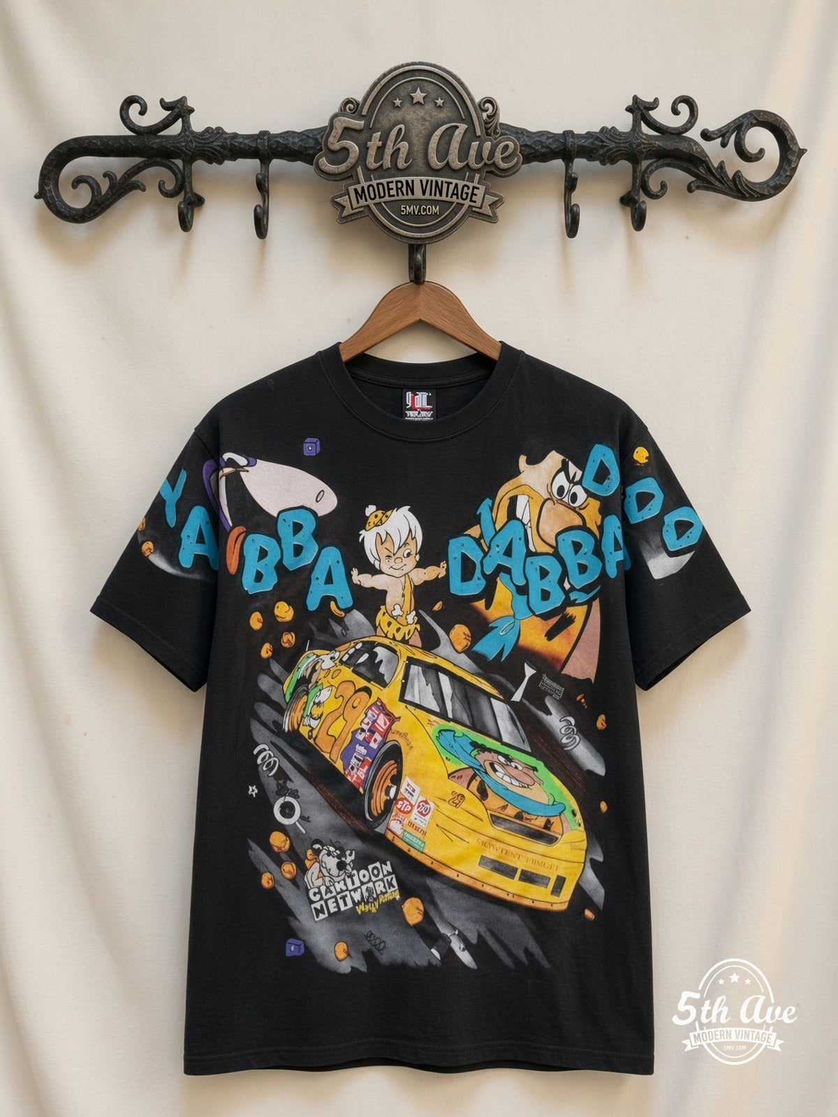NASCAR Flintstones Yabba Dabba Doo Racing all over print vintage nascar t-shirt front on cream 5th Ave rack