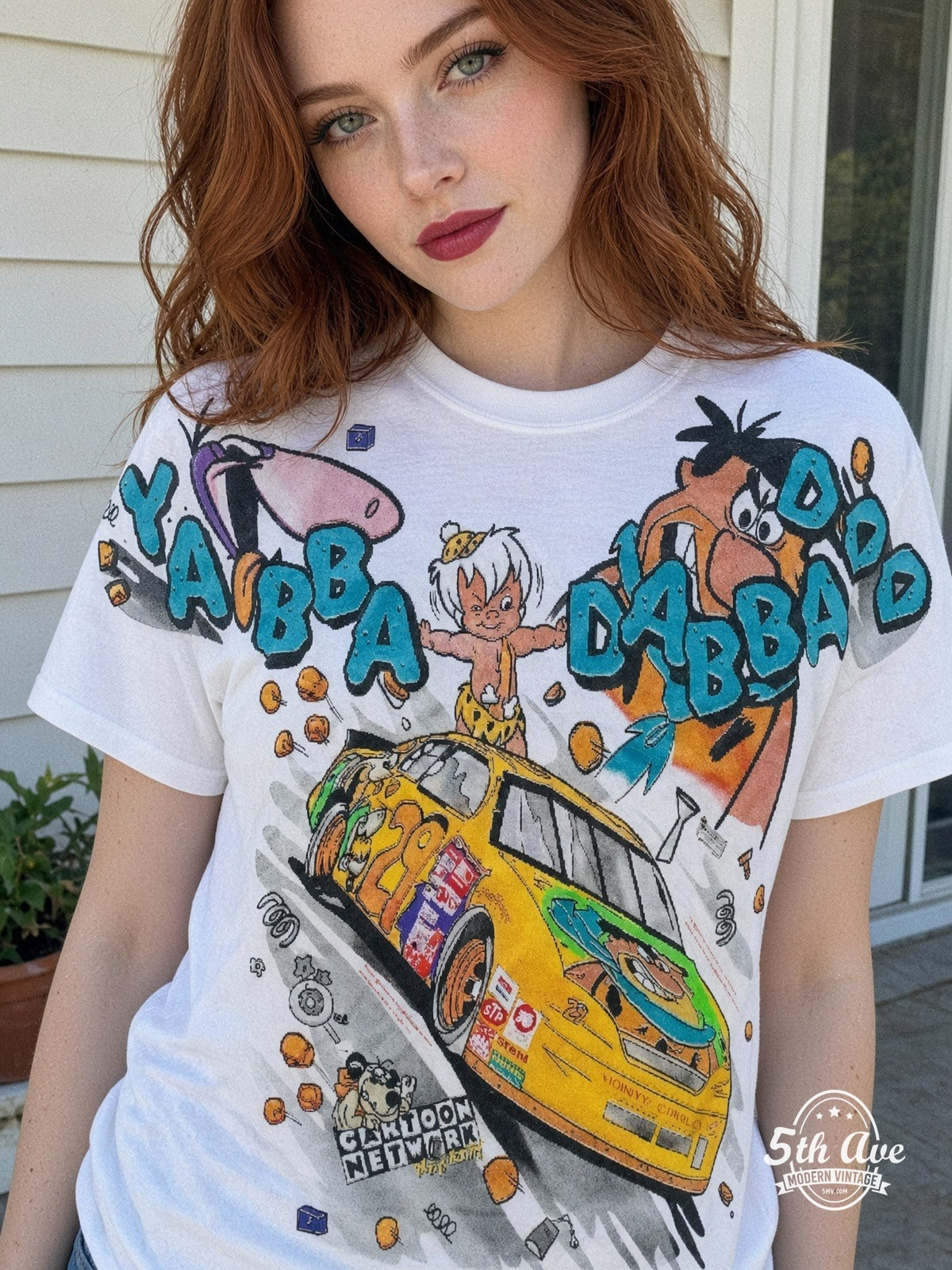 NASCAR Flintstones Yabba Dabba Doo Racing vintage tee model wearing