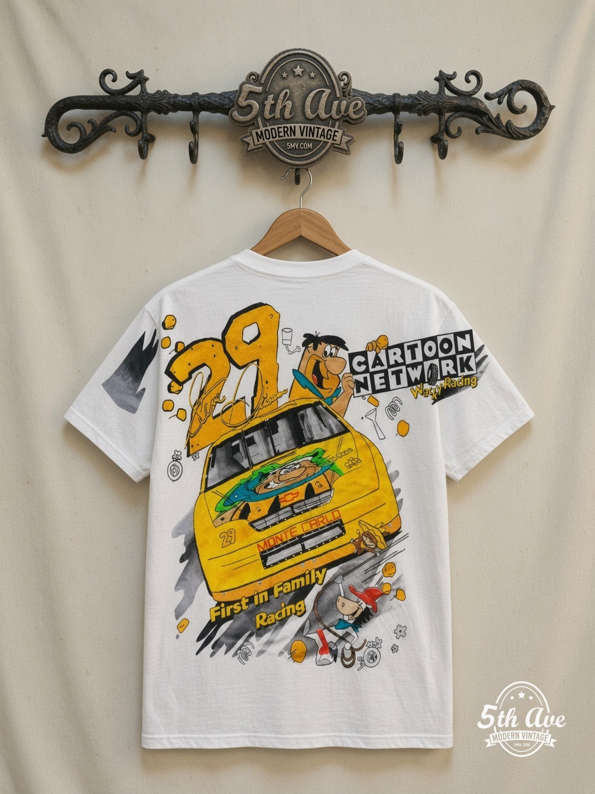 NASCAR Flintstones Yabba Dabba Doo Racing all over print vintage tee back on cream 5th Ave rack