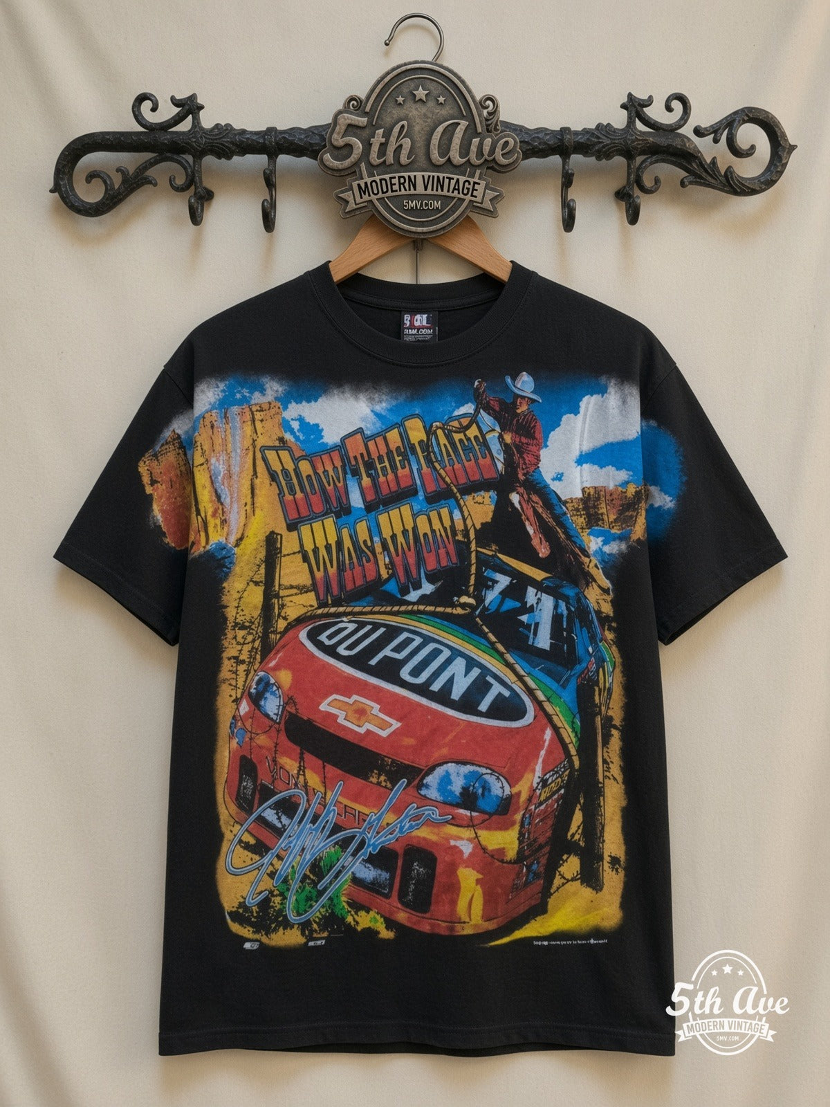 NASCAR Jeff Gordon 24 How The West Was Won all over print vintage nascar t-shirt front on cream 5th Ave rack
