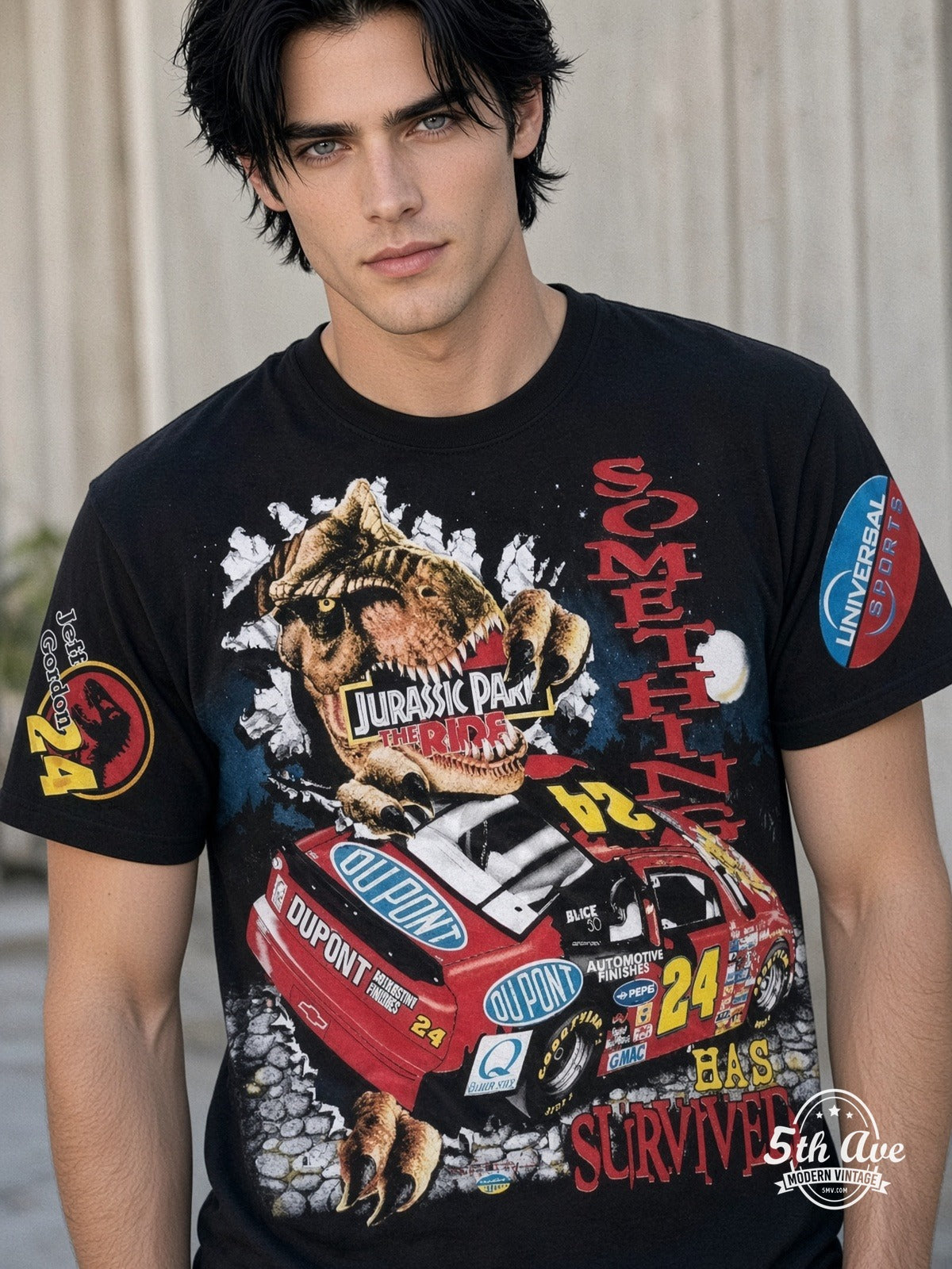 NASCAR Jeff Gordon 24 Jurassic Park The Ride vintage tee model wearing