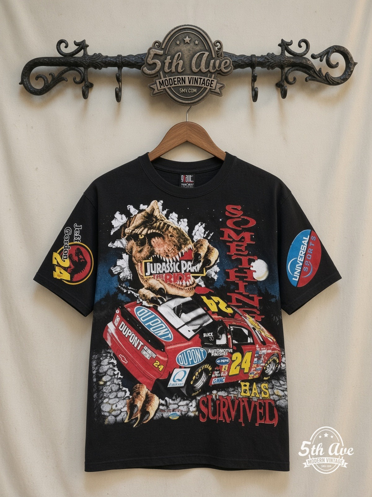 NASCAR Jeff Gordon 24 Jurassic Park The Ride all over print vintage nascar t-shirt front on cream 5th Ave rack