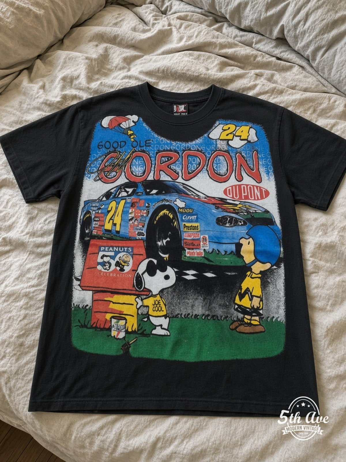 NASCAR Jeff Gordon 24 Good Ol Gordon Peanuts vintage tee laid on bed