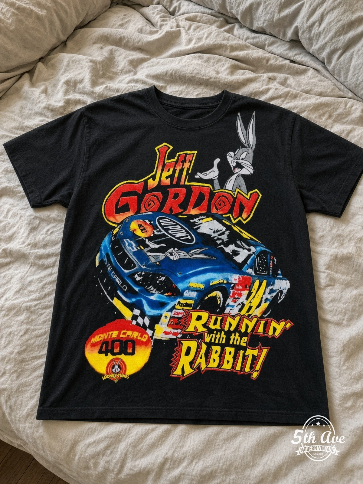 NASCAR Jeff Gordon 24 Runnin With The Rabbit Bugs vintage tee laid on bed