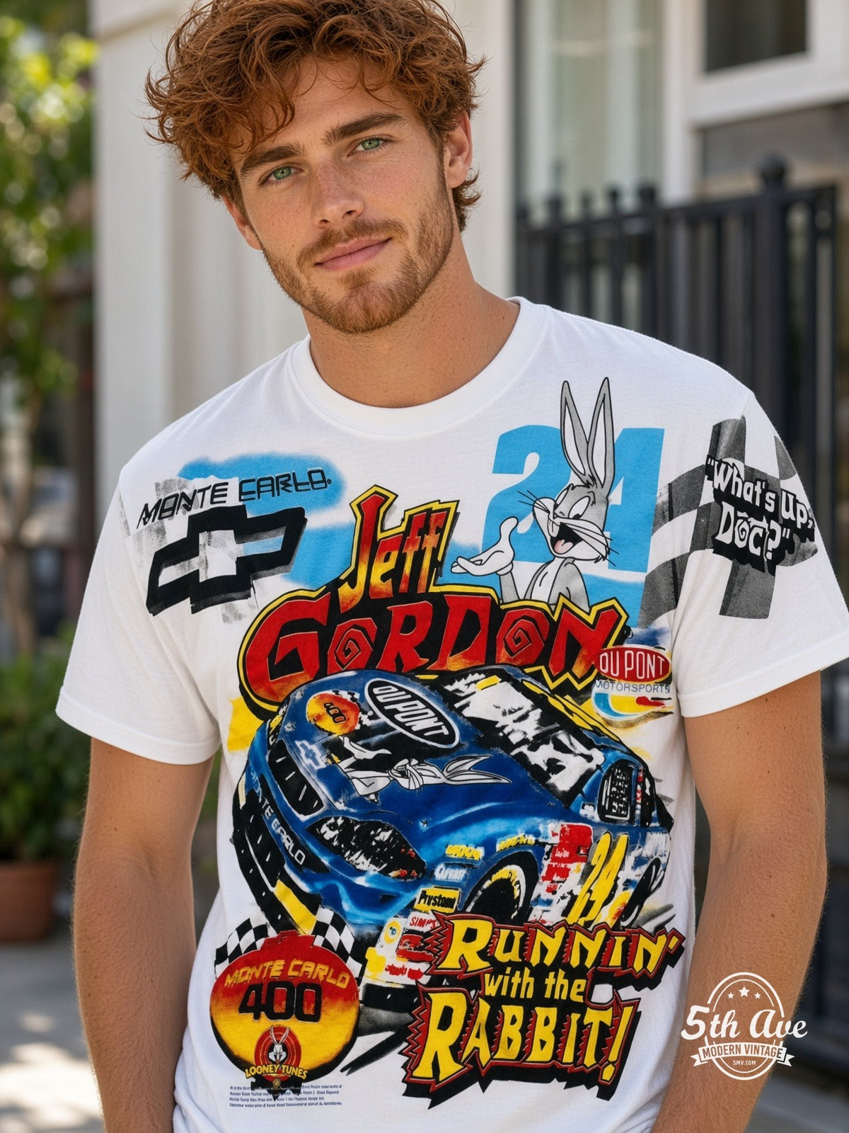 NASCAR Jeff Gordon 24 Runnin With The Rabbit Bugs vintage tee model wearing