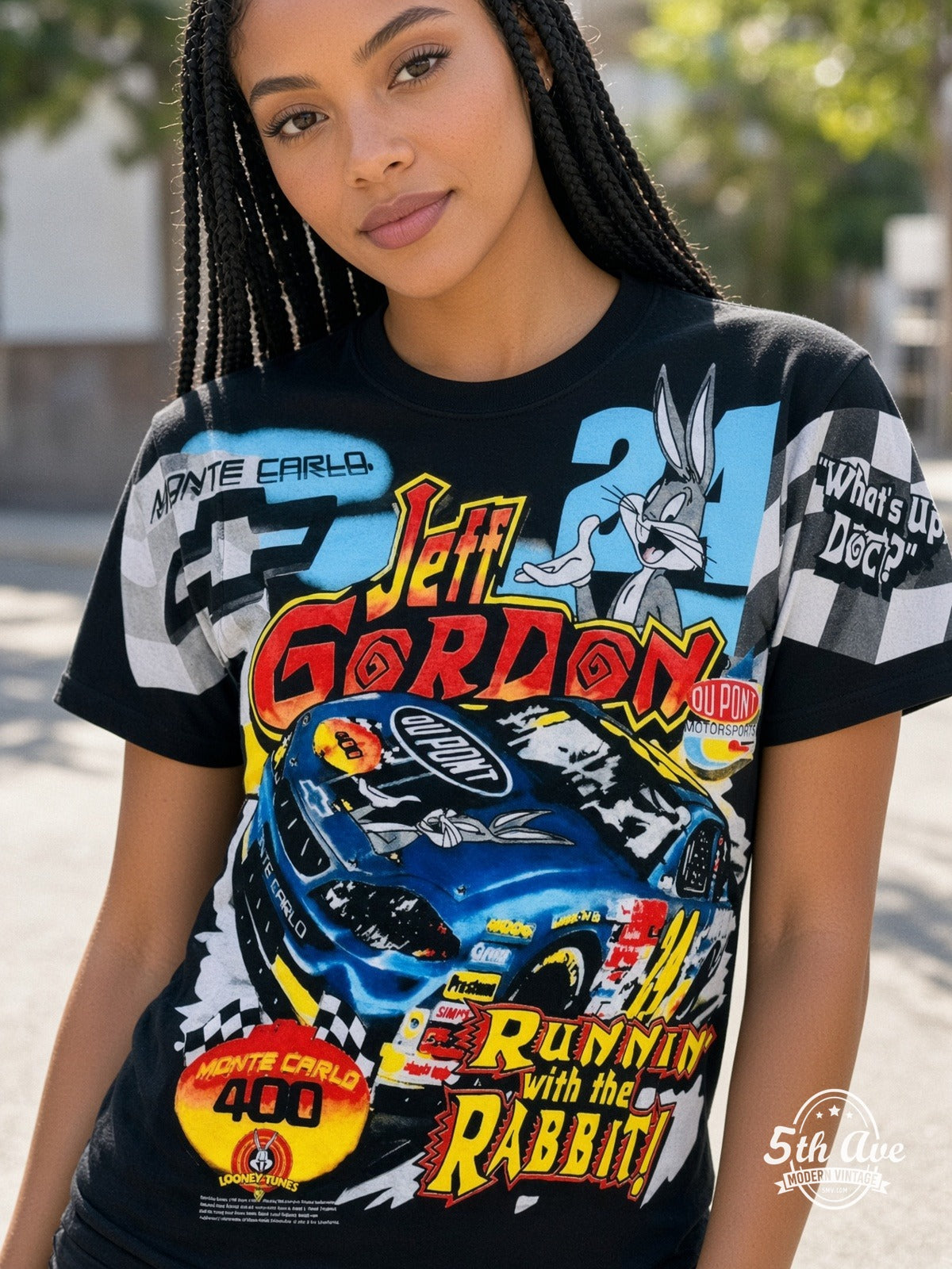NASCAR Jeff Gordon 24 Runnin With The Rabbit Bugs vintage tee model wearing