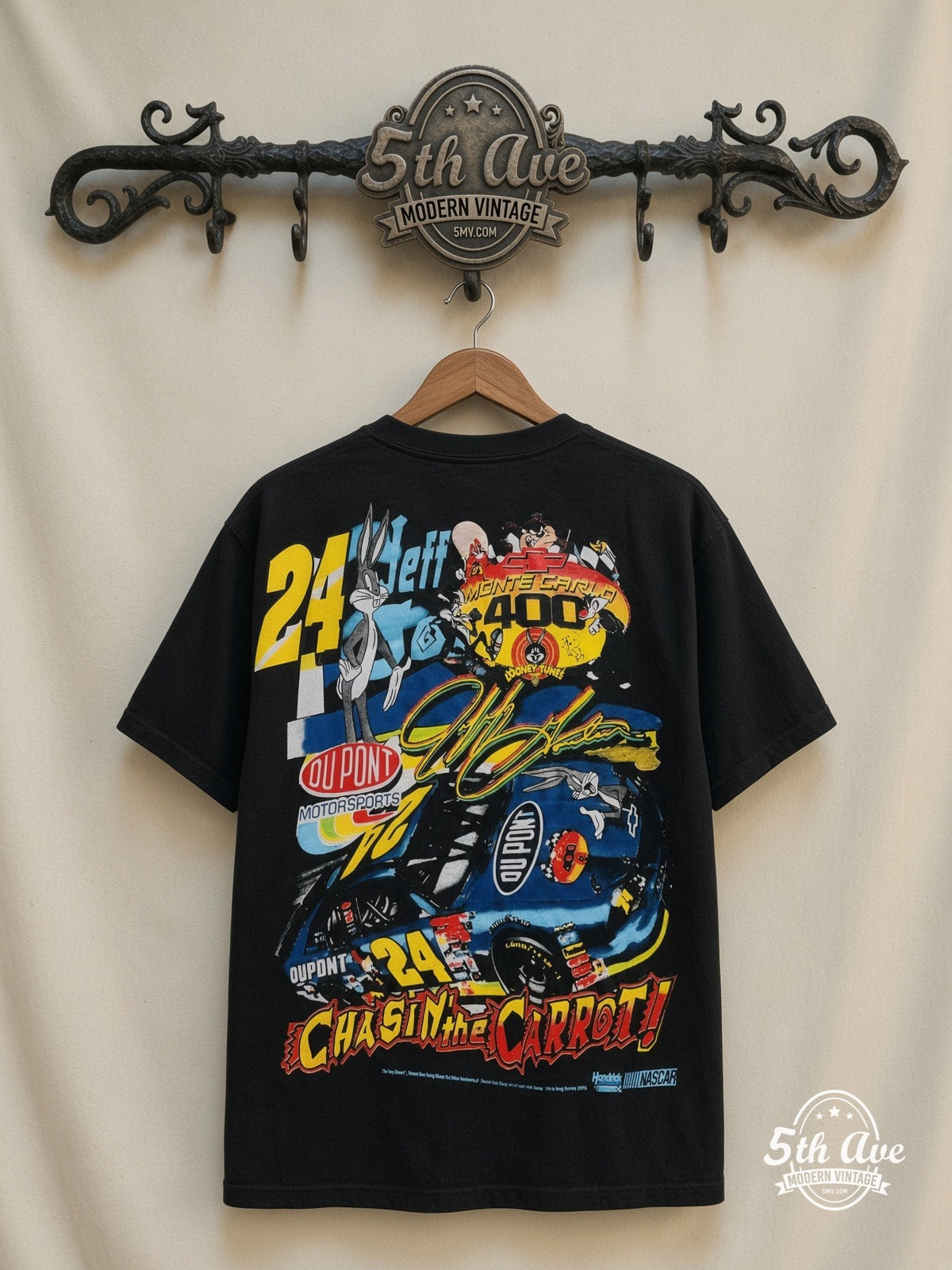 NASCAR Jeff Gordon 24 Runnin With The Rabbit Bugs all over print vintage tee back on cream 5th Ave rack