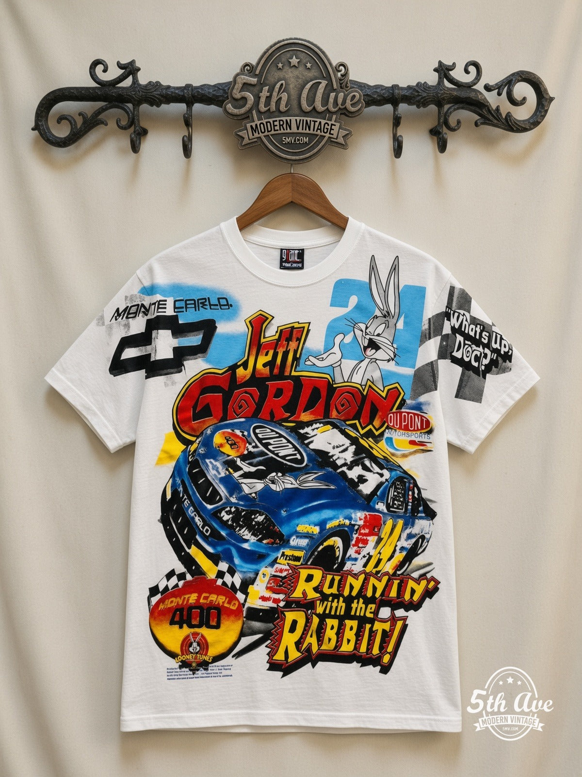 NASCAR Jeff Gordon 24 Runnin With The Rabbit Bugs all over print vintage nascar t-shirt front on cream 5th Ave rack