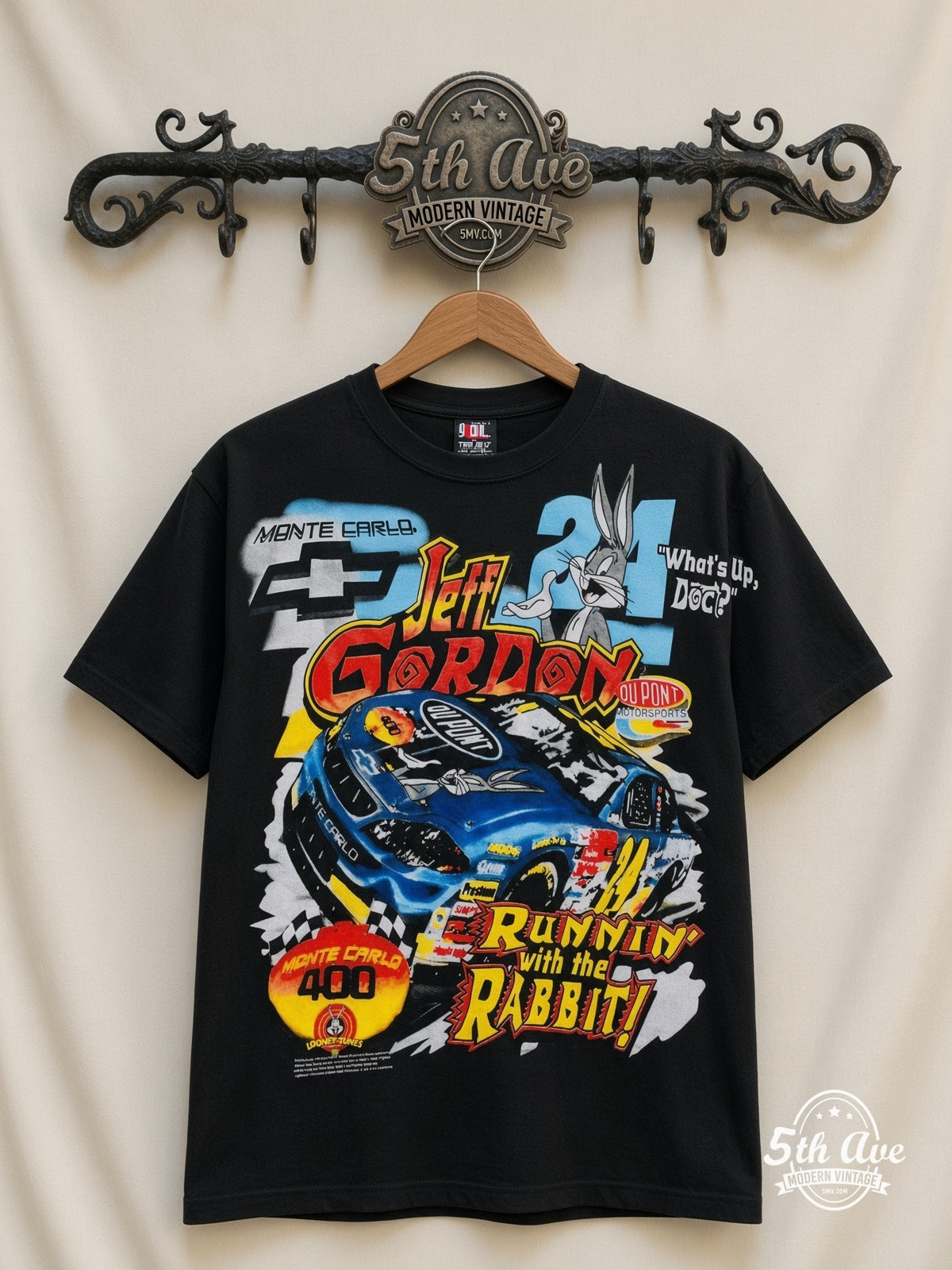NASCAR Jeff Gordon 24 Runnin With The Rabbit Bugs all over print vintage nascar t-shirt front on cream 5th Ave rack
