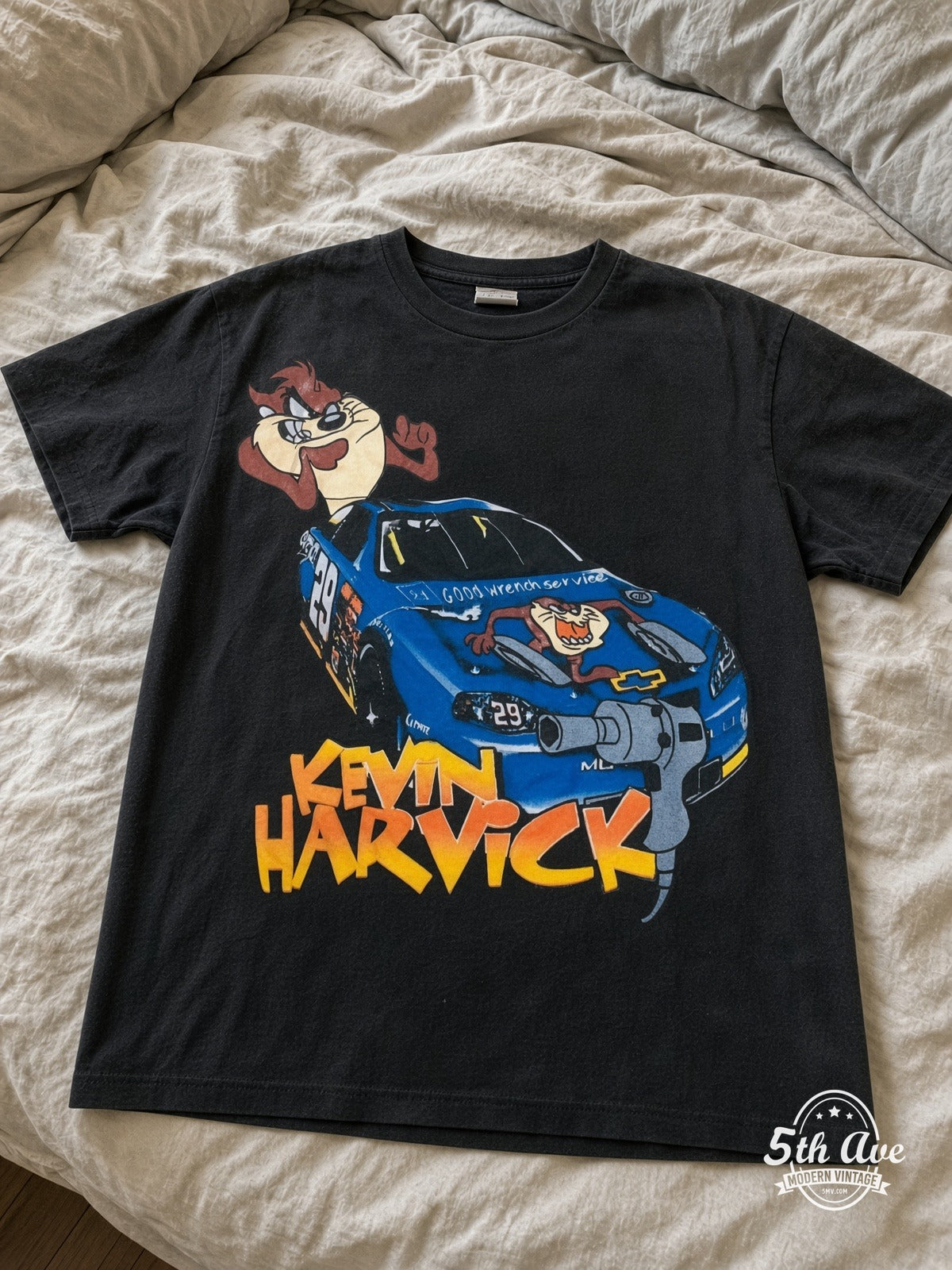 NASCAR Kevin Harvick 29 Taz Looney Tunes vintage tee laid on bed