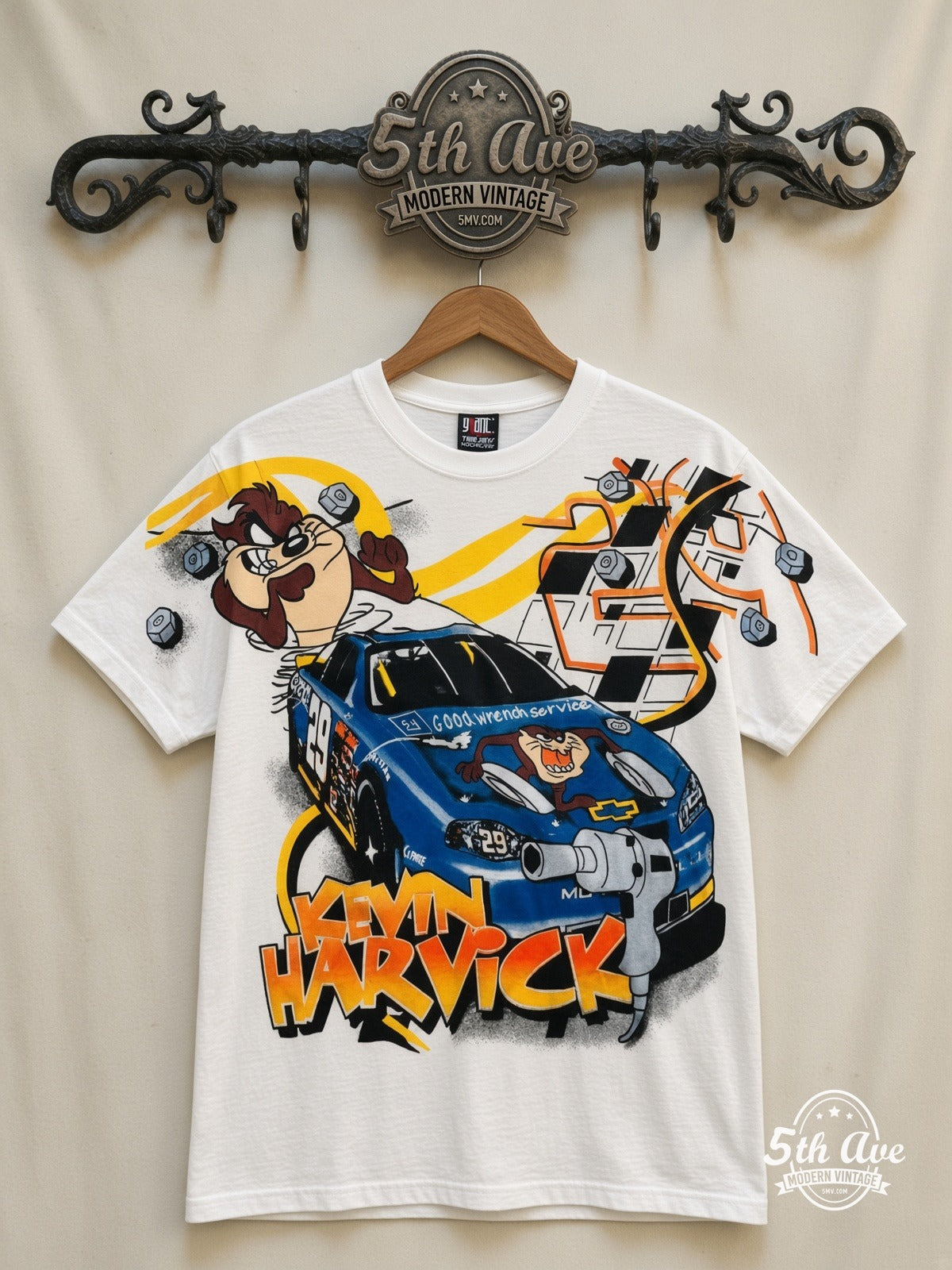 NASCAR Kevin Harvick 29 Taz Looney Tunes all over print vintage nascar t-shirt front on cream 5th Ave rack
