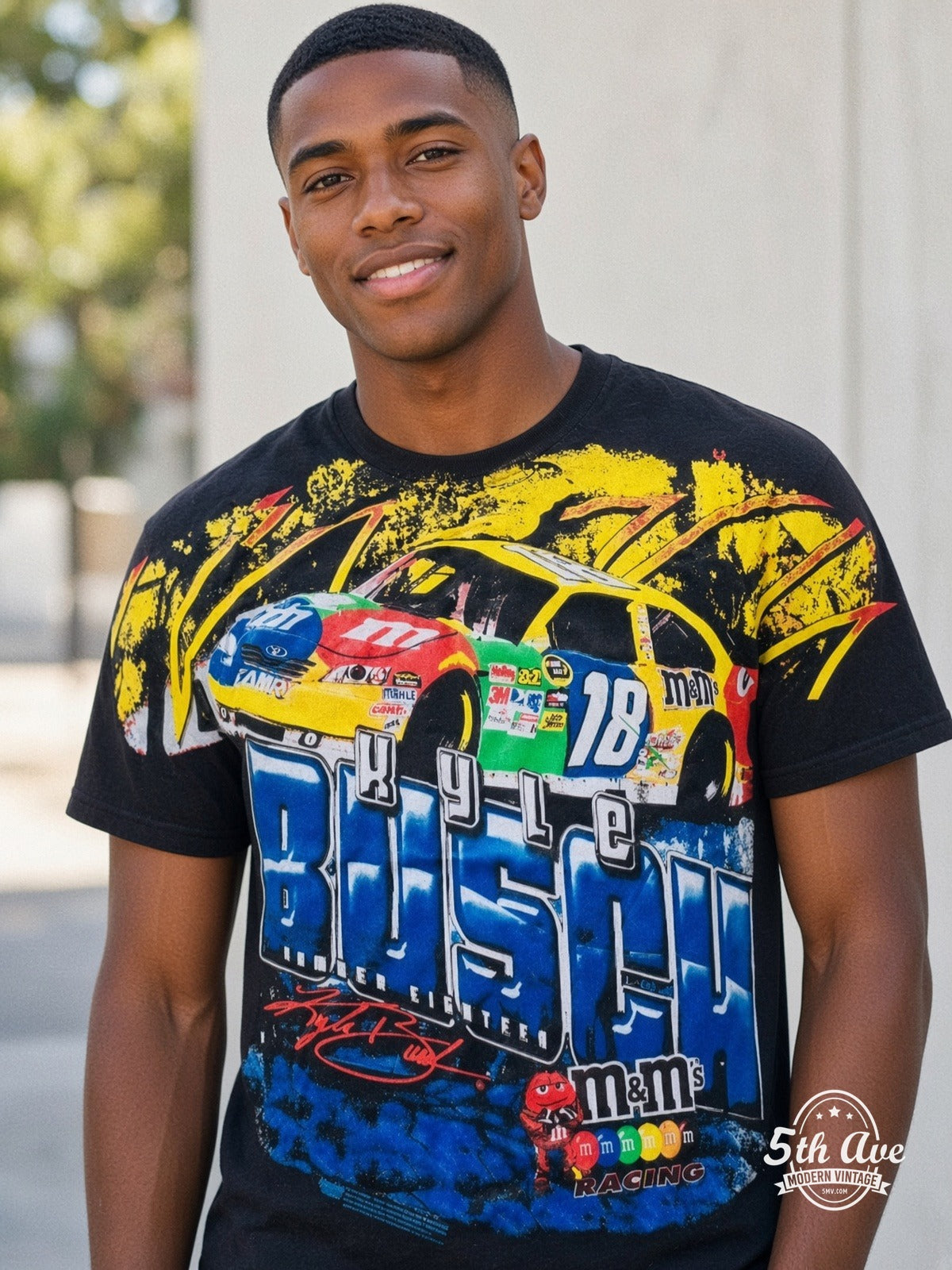 NASCAR Kyle Busch 18 M&Ms Block Name vintage tee model wearing