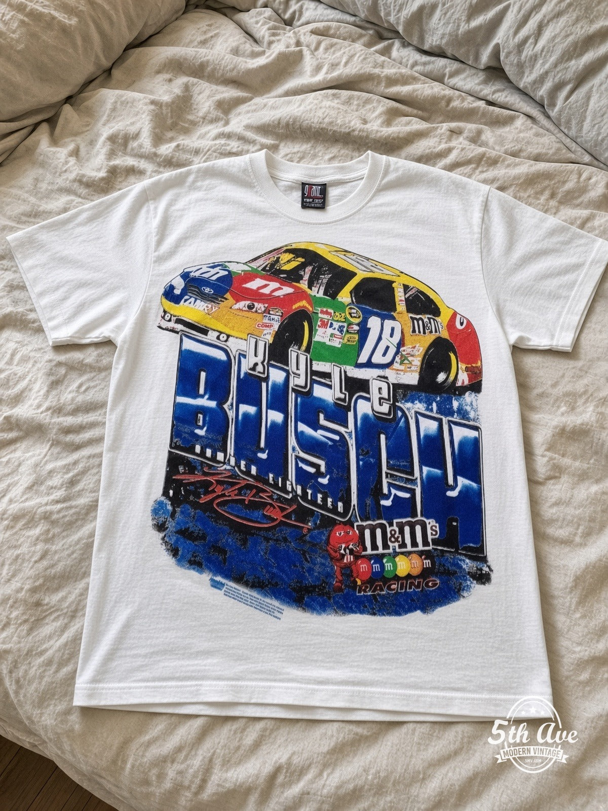 NASCAR Kyle Busch 18 M&Ms Block Name vintage tee laid on bed