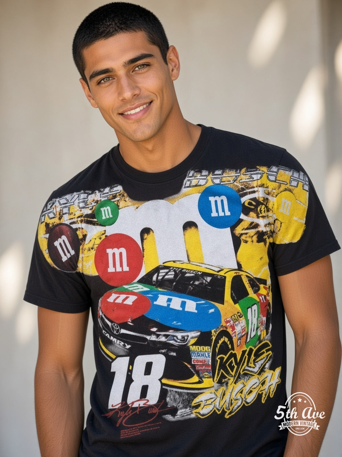 NASCAR Kyle Busch 18 M&Ms Characters vintage tee model wearing
