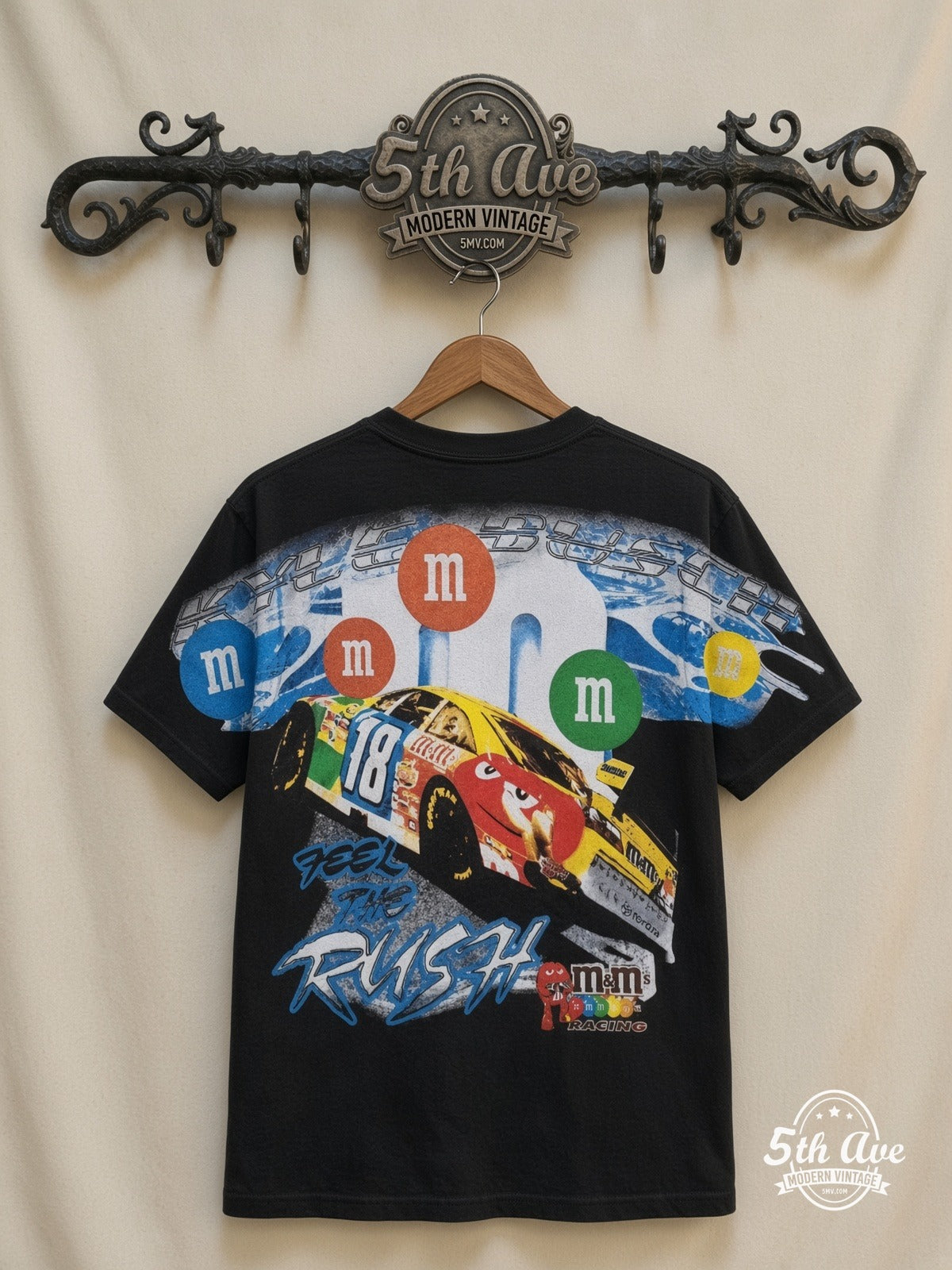 NASCAR Kyle Busch 18 M&Ms Characters all over print vintage tee back on cream 5th Ave rack