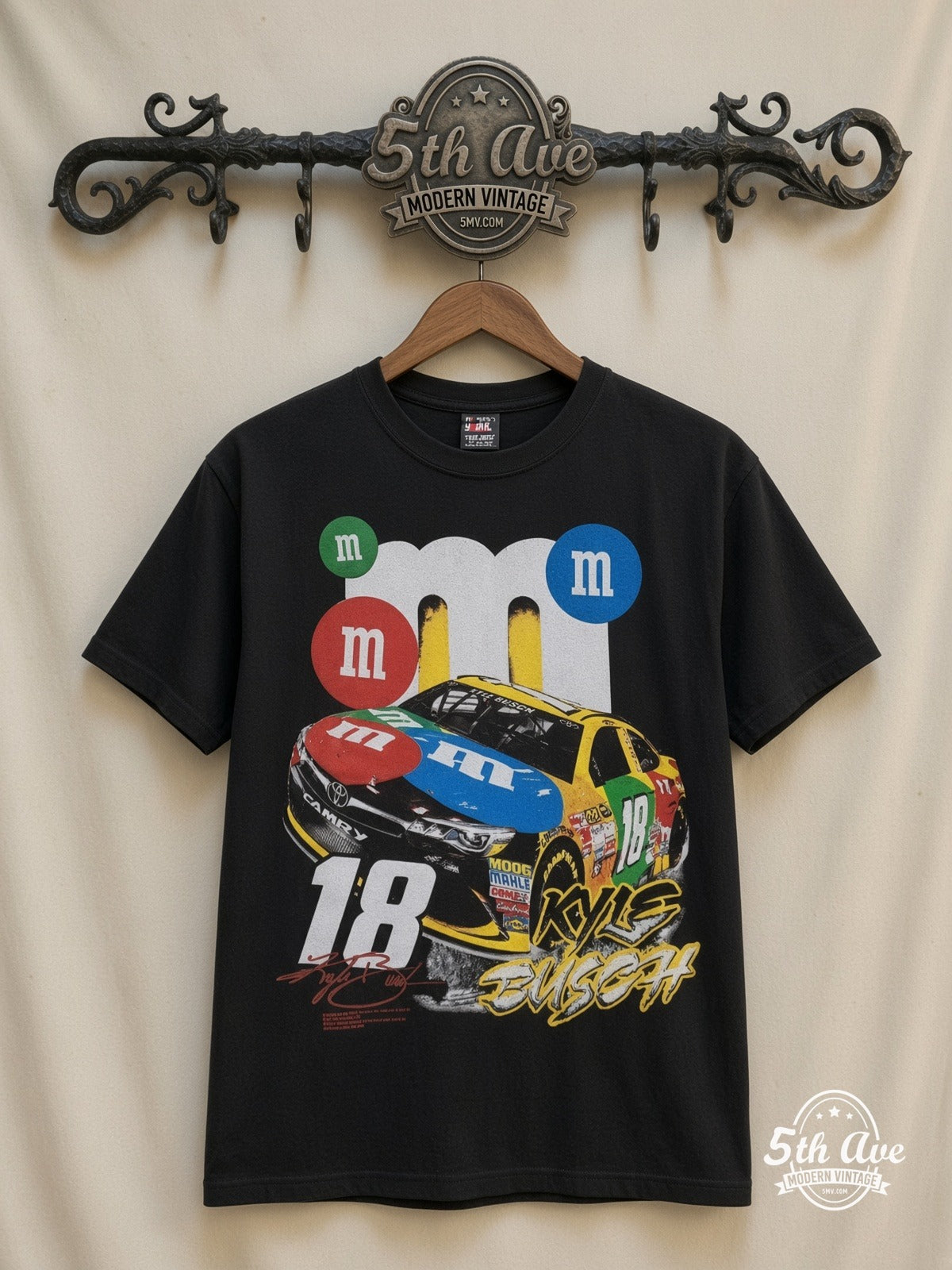 NASCAR Kyle Busch 18 M&Ms Characters all over print vintage nascar t-shirt front on cream 5th Ave rack