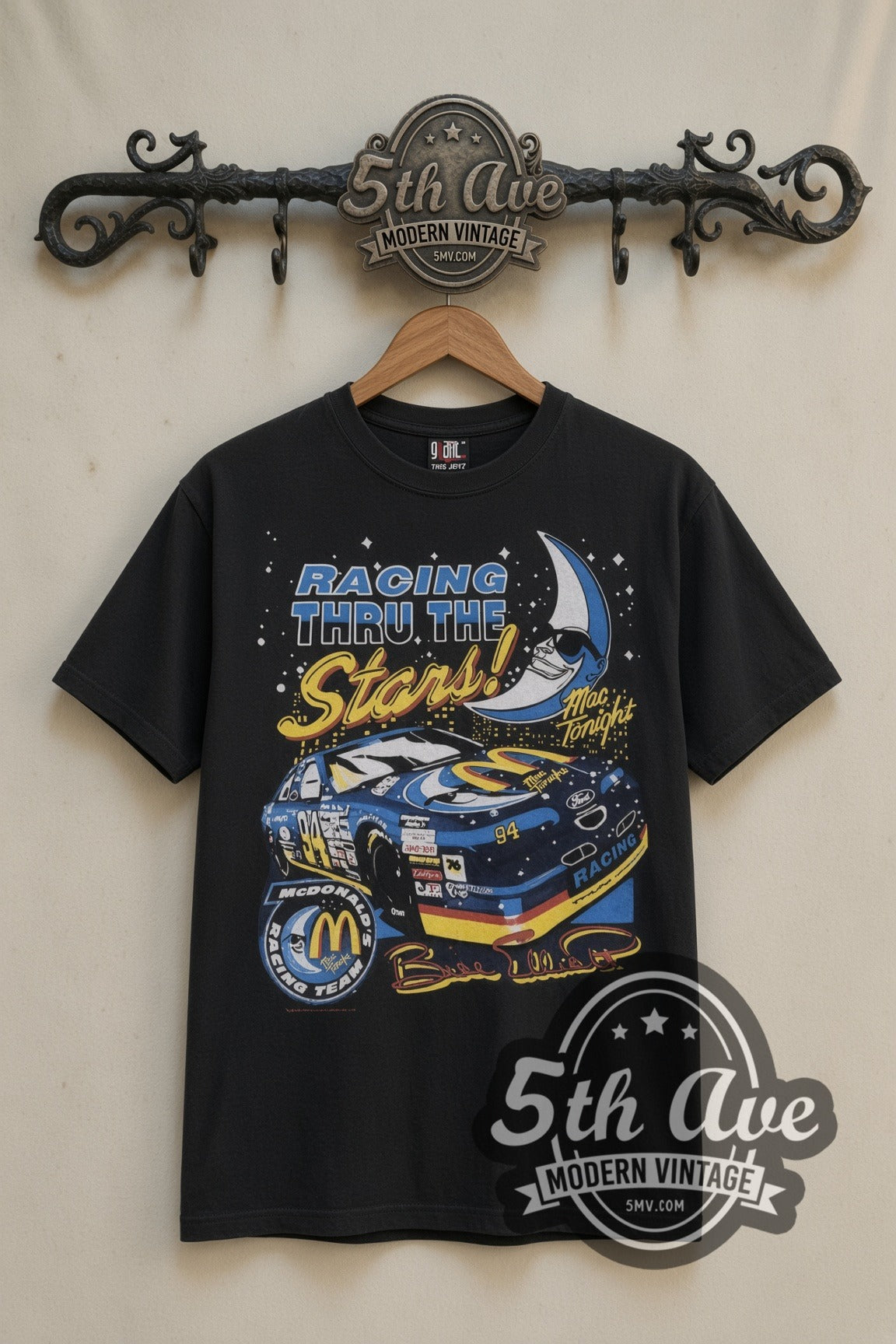 NASCAR McDonald's Racing Mac Tonight nascar tee in black, front view on a display rack