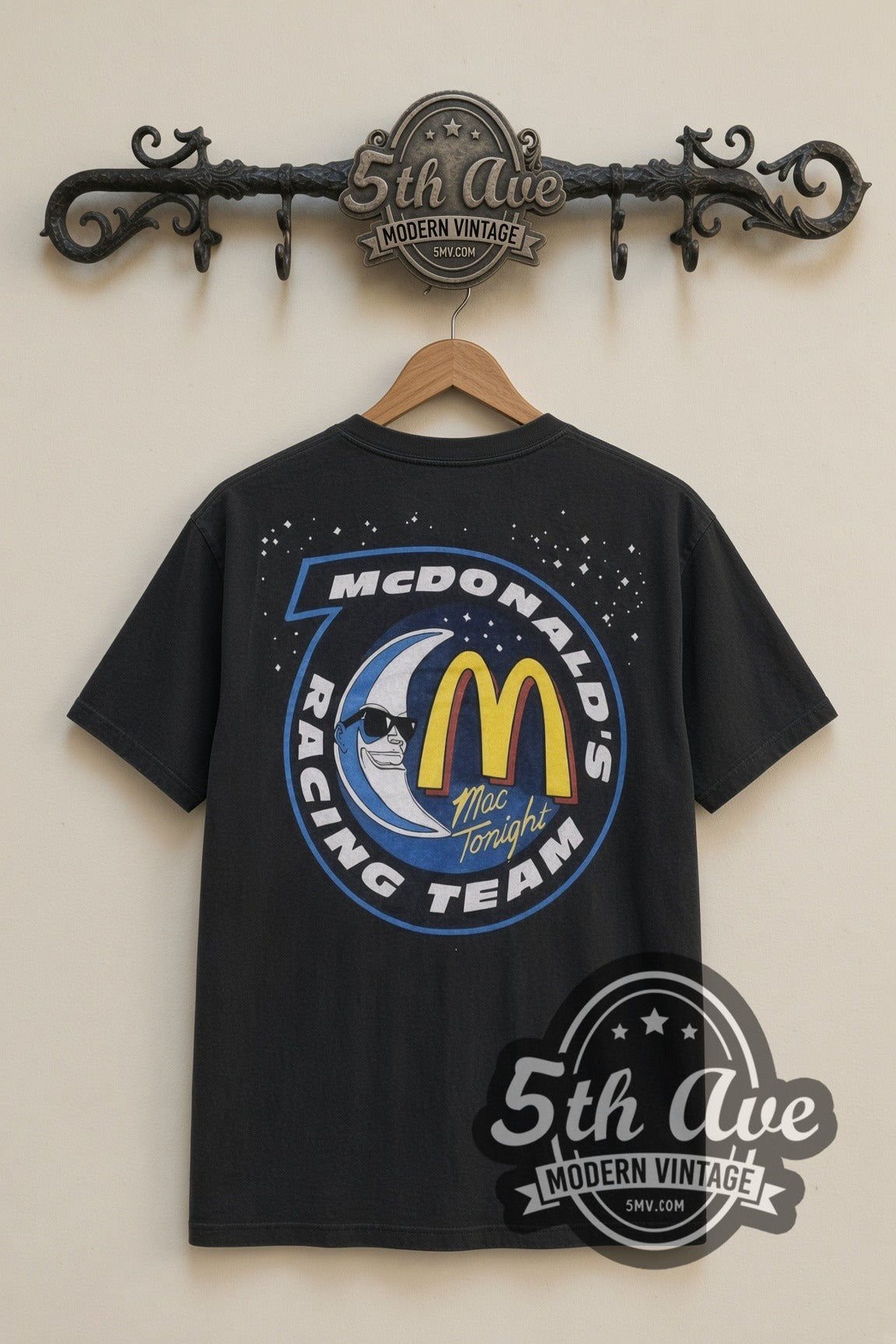 NASCAR McDonald's Racing Mac Tonight nascar tee in black, back view on a display rack