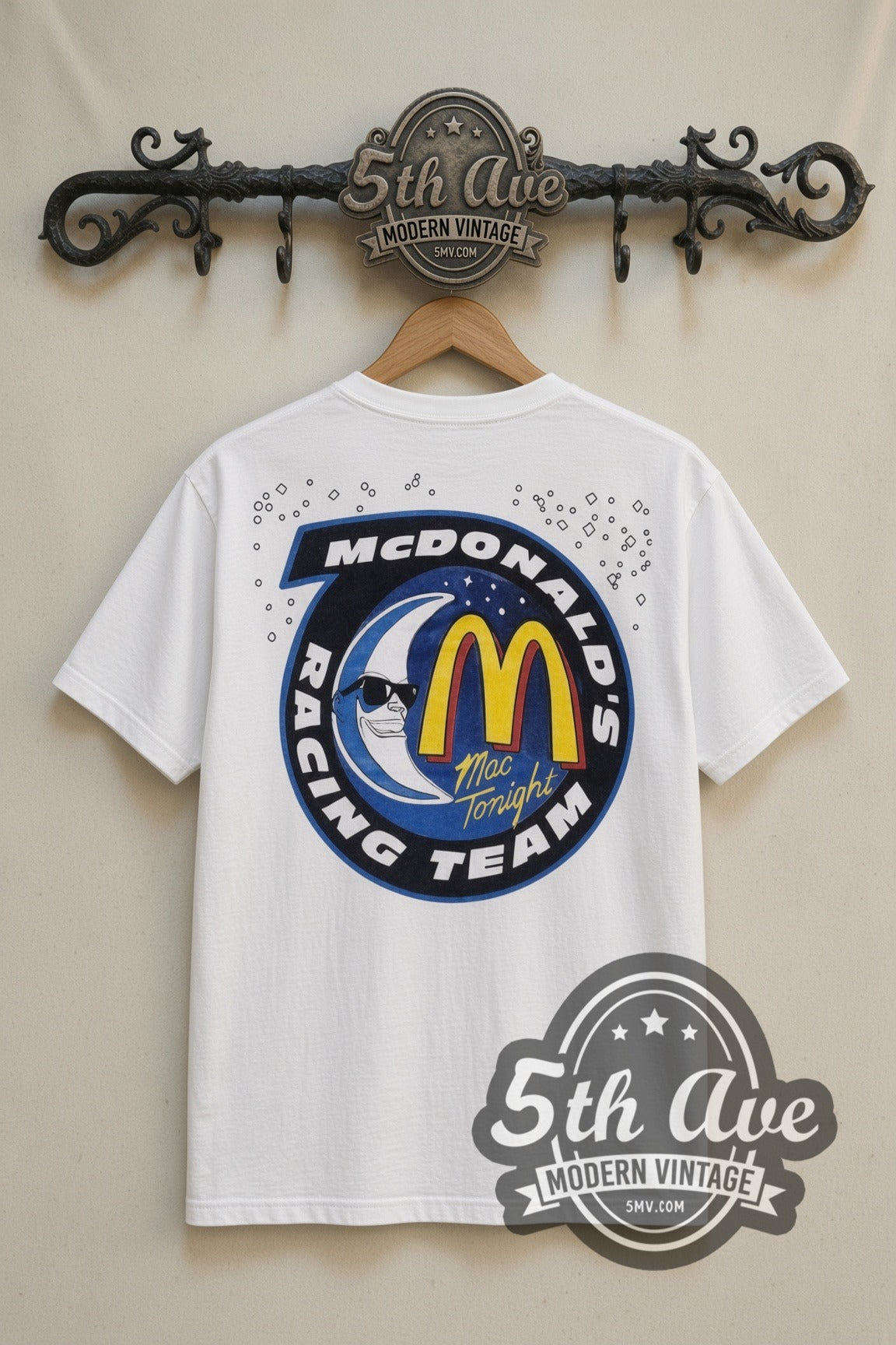 NASCAR McDonald's Racing Mac Tonight nascar tee in white, back view on a display rack