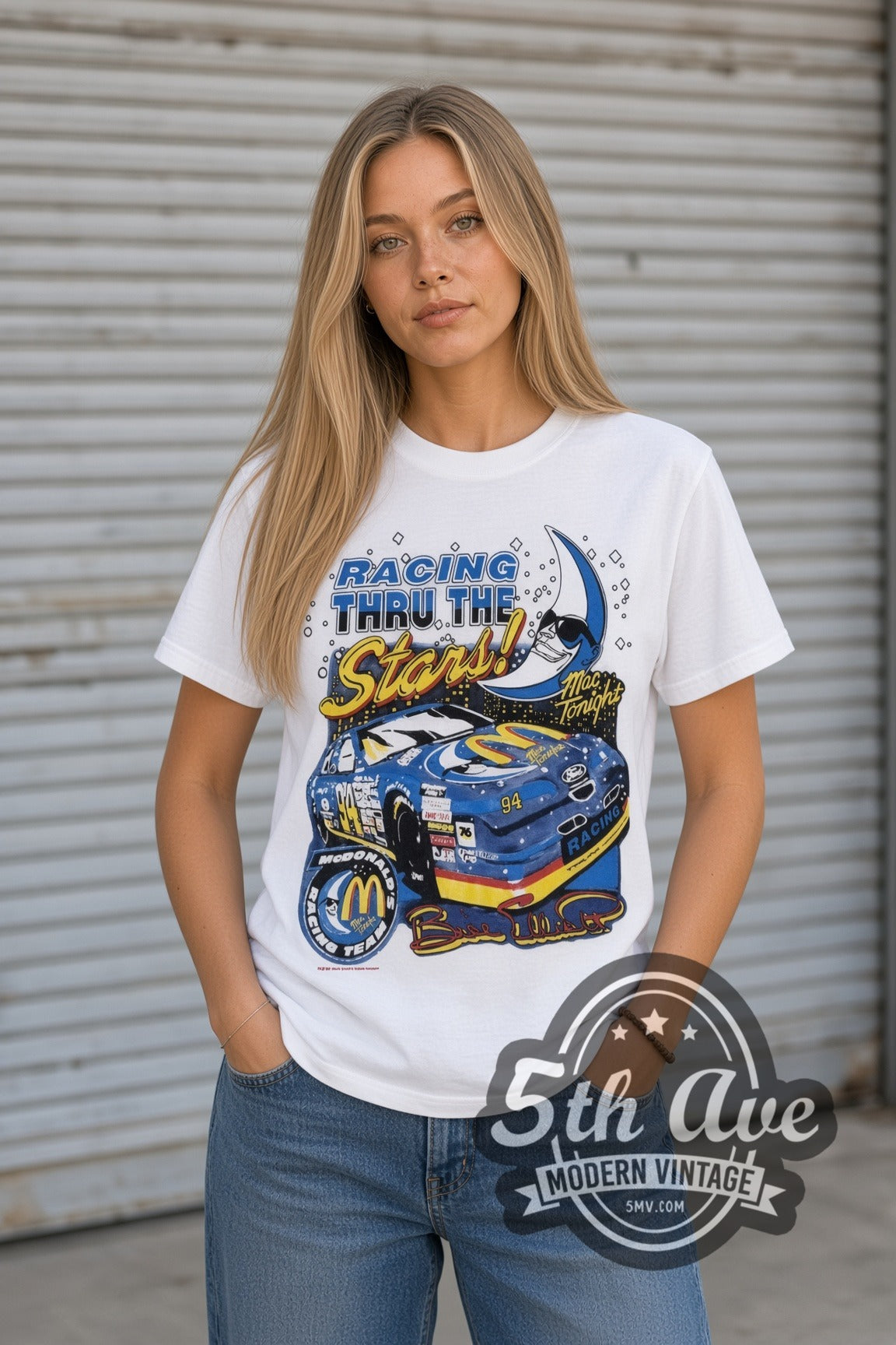 Model wearing the NASCAR McDonald's Racing Mac Tonight nascar tee in white