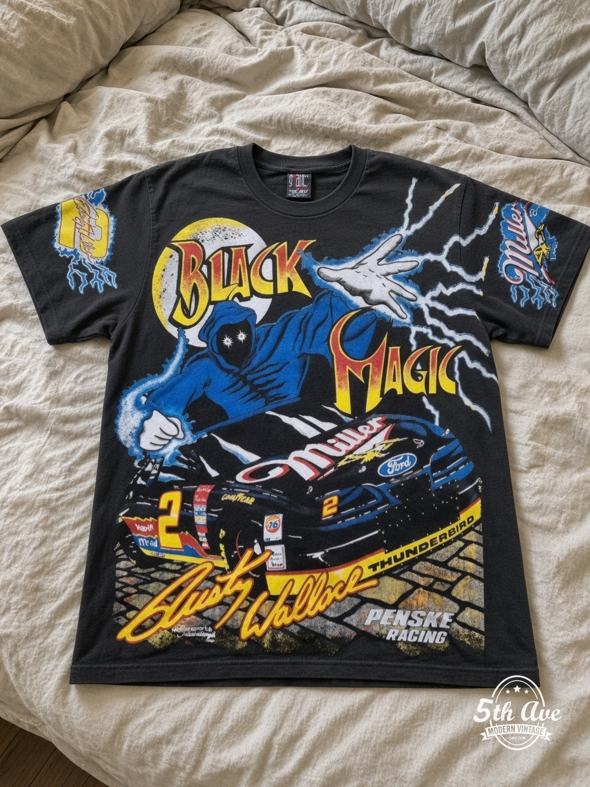 NASCAR Rusty Wallace 2 Black Magic Miller vintage tee laid on bed