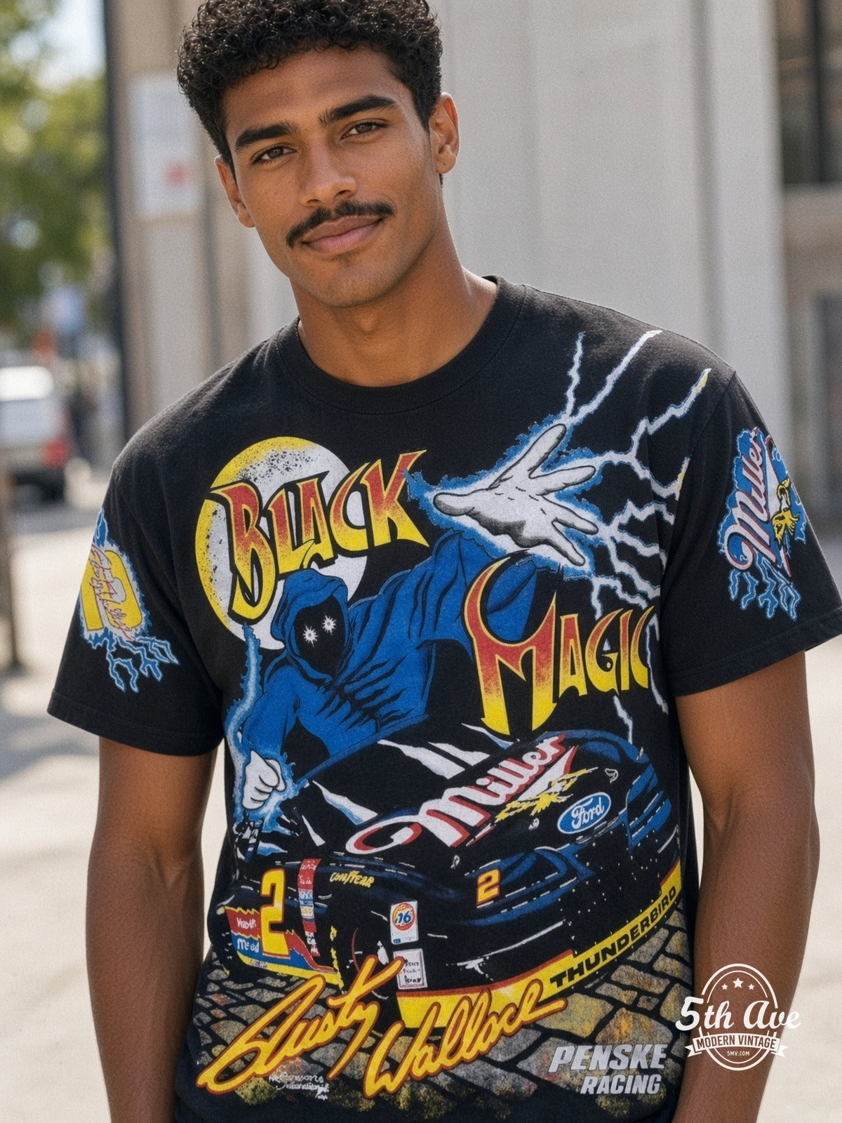 NASCAR Rusty Wallace 2 Black Magic Miller vintage tee model wearing