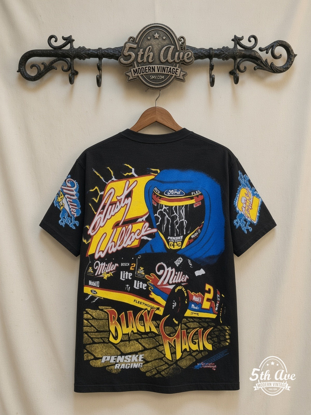 NASCAR Rusty Wallace 2 Black Magic Miller all over print vintage tee back on cream 5th Ave rack