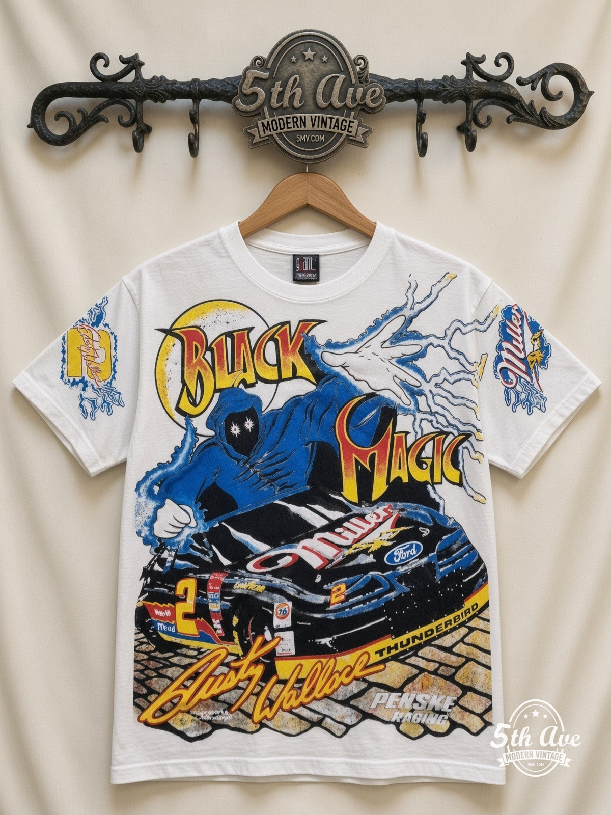 NASCAR Rusty Wallace 2 Black Magic Miller all over print vintage nascar t-shirt front on cream 5th Ave rack