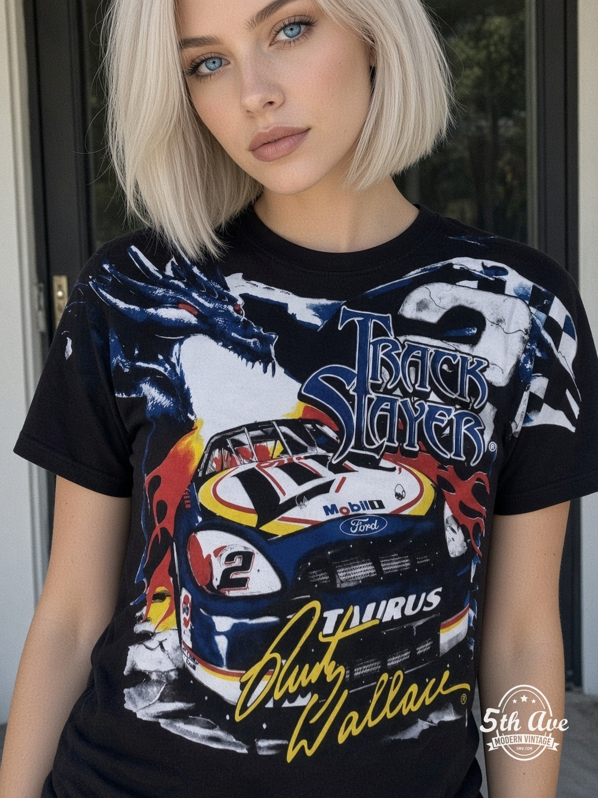 NASCAR Rusty Wallace 2 Track Slayer Dragon vintage tee model wearing