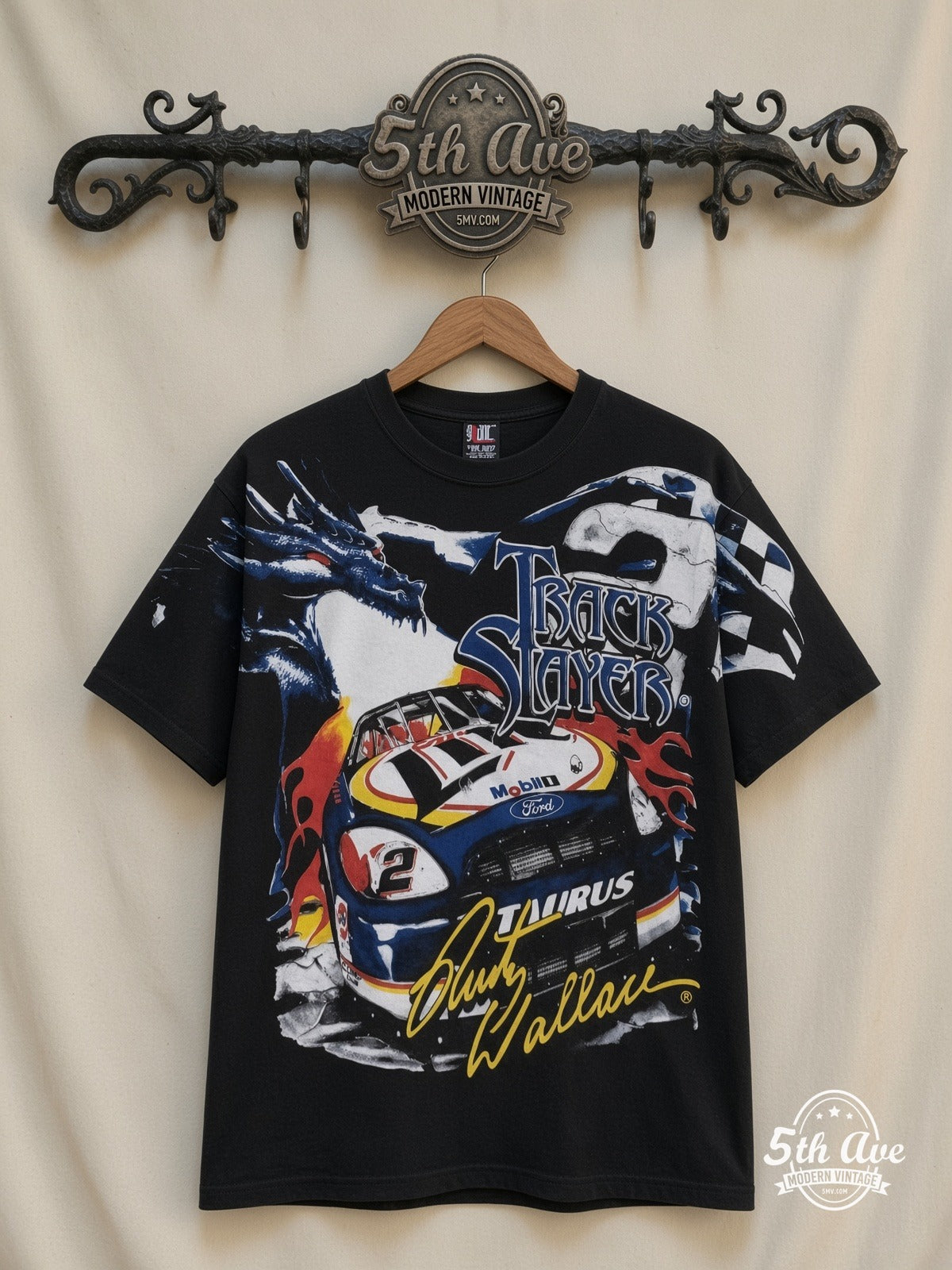 NASCAR Rusty Wallace 2 Track Slayer Dragon all over print vintage nascar t-shirt front on cream 5th Ave rack