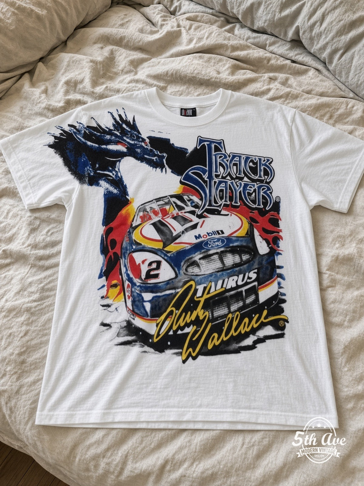 NASCAR Rusty Wallace 2 Track Slayer Dragon vintage tee laid on bed