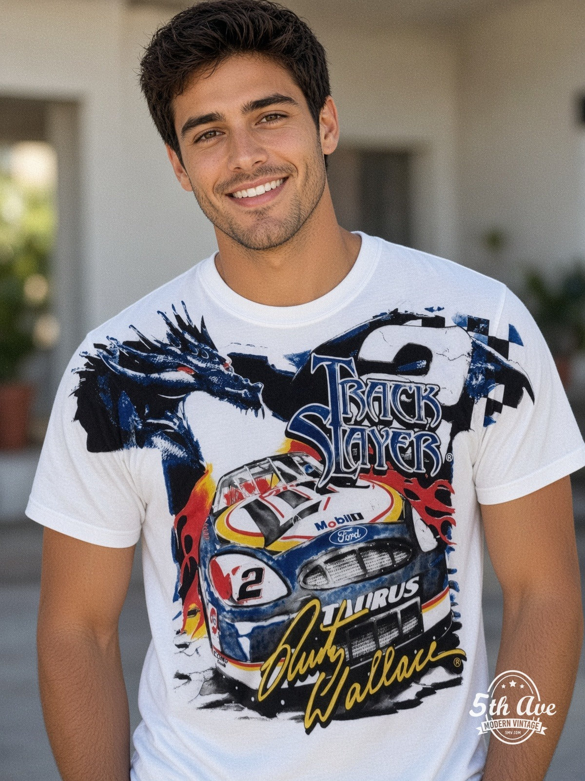 NASCAR Rusty Wallace 2 Track Slayer Dragon vintage tee model wearing