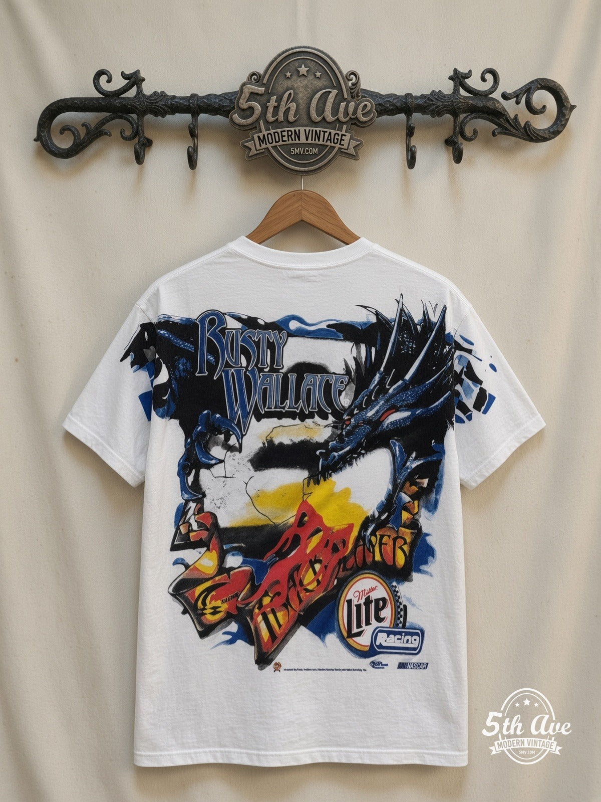NASCAR Rusty Wallace 2 Track Slayer Dragon all over print vintage tee back on cream 5th Ave rack