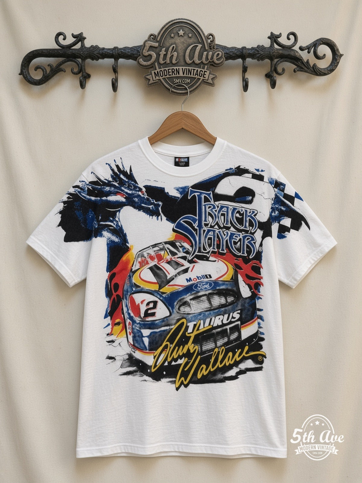 NASCAR Rusty Wallace 2 Track Slayer Dragon all over print vintage nascar t-shirt front on cream 5th Ave rack