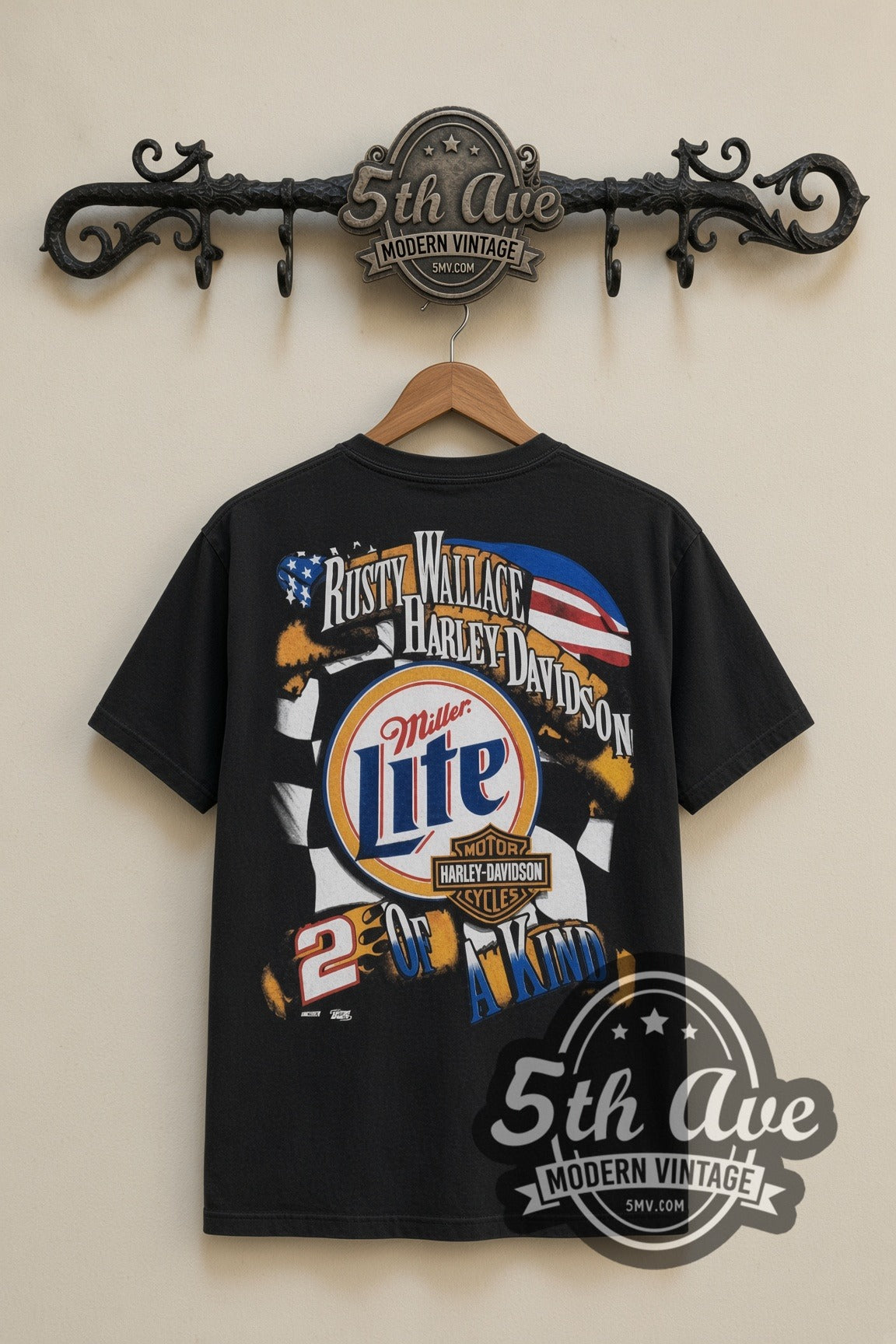 NASCAR Rusty Wallace Miller Lite Born 2 Run nascar tee in black, back view on a display rack