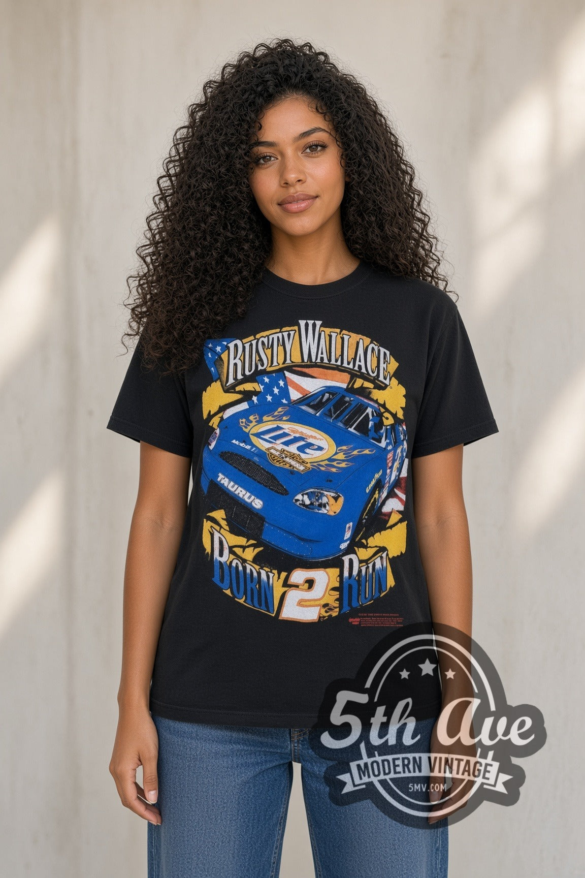 Model wearing the NASCAR Rusty Wallace Miller Lite Born 2 Run nascar tee in black