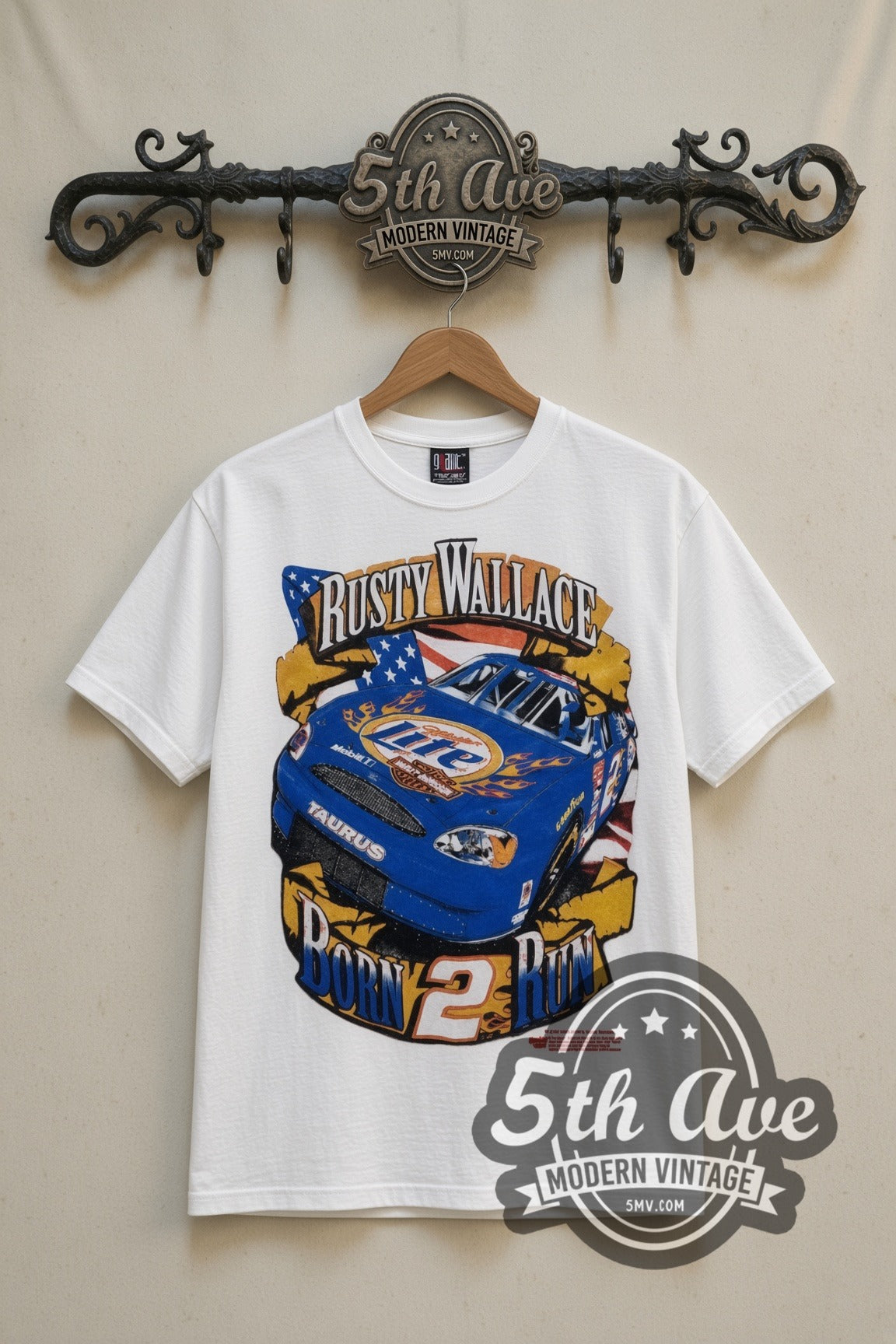 NASCAR Rusty Wallace Miller Lite Born 2 Run nascar tee in white, front view on a display rack
