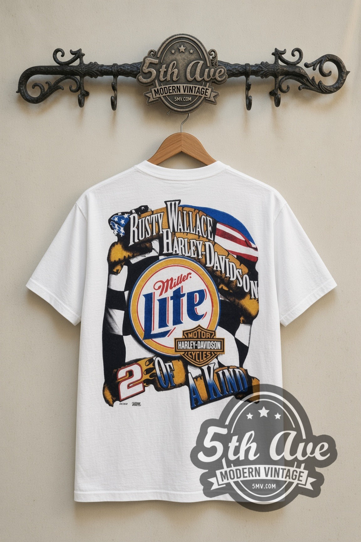 NASCAR Rusty Wallace Miller Lite Born 2 Run nascar tee in white, back view on a display rack