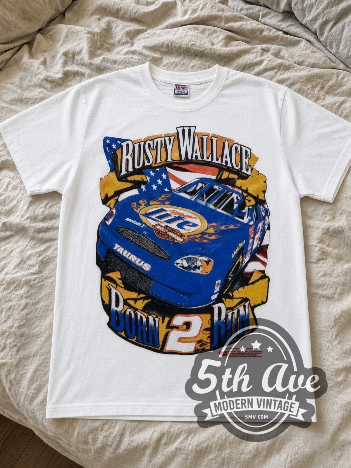 NASCAR Rusty Wallace Miller Lite Born 2 Run nascar tee in white laid flat on a bed, front artwork