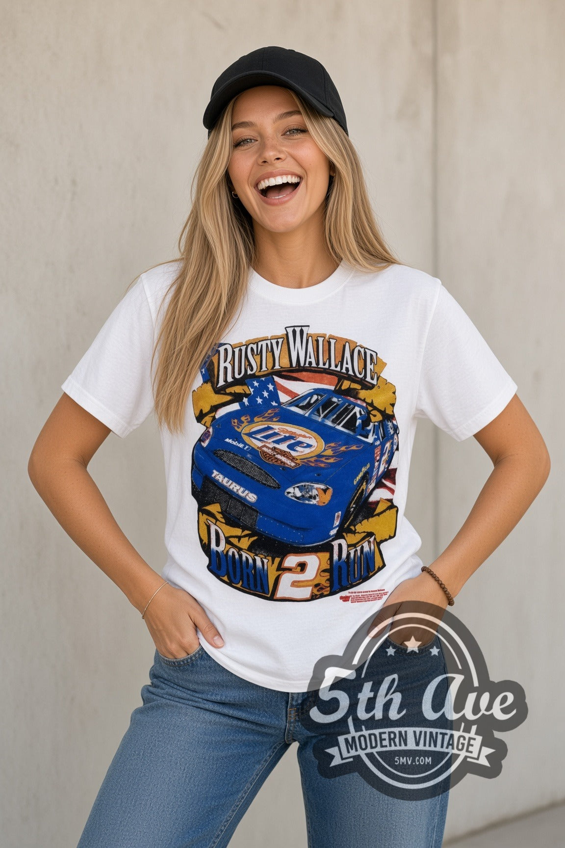 Model wearing the NASCAR Rusty Wallace Miller Lite Born 2 Run nascar tee in white