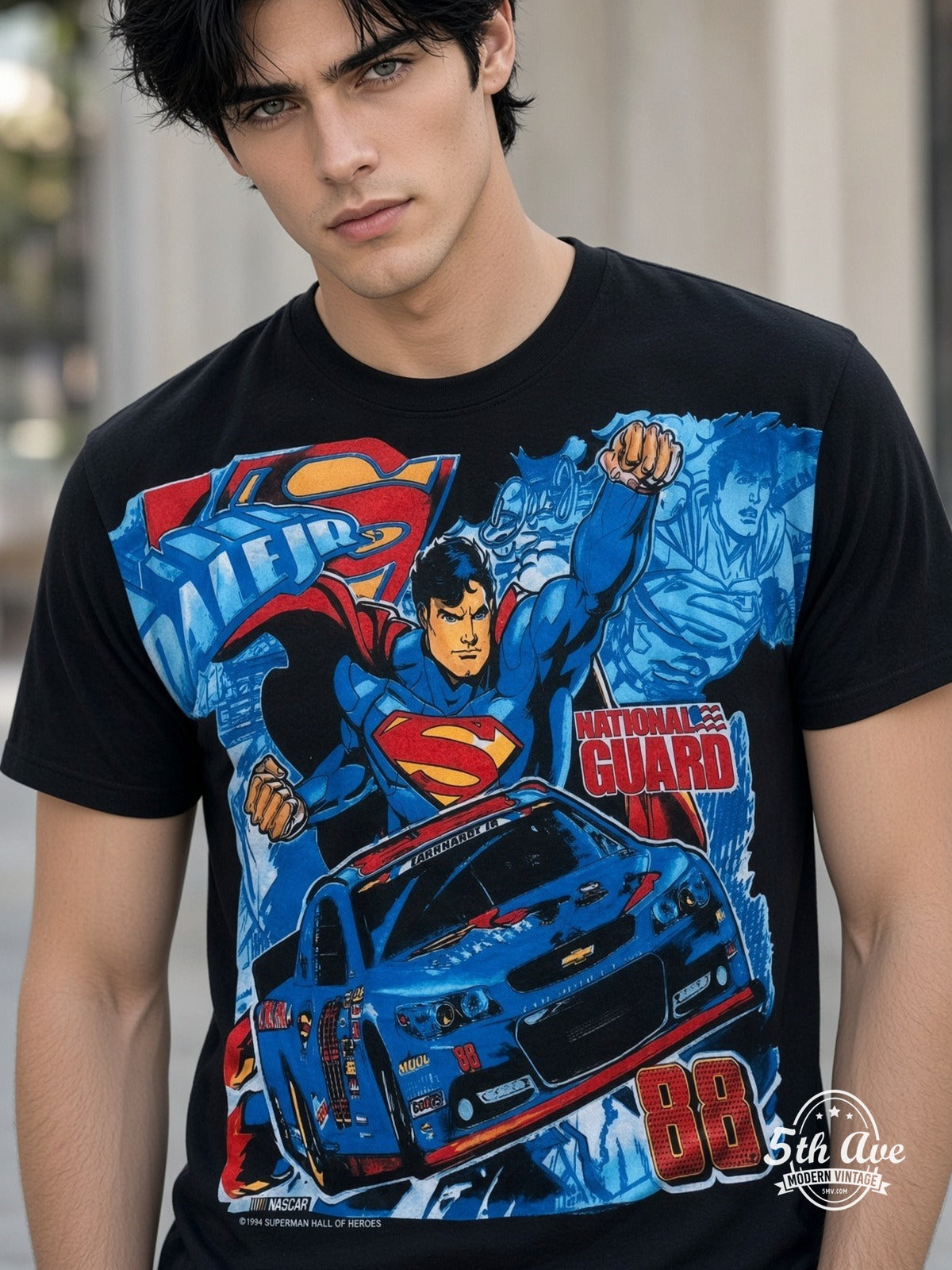 NASCAR Superman Dale Jr 88 National Guard vintage tee model wearing
