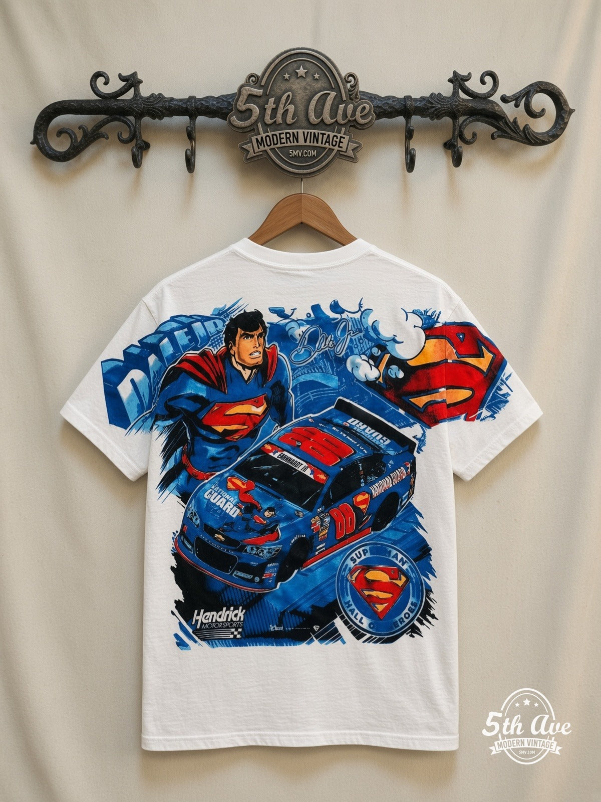 NASCAR Superman Dale Jr 88 National Guard all over print vintage tee back on cream 5th Ave rack