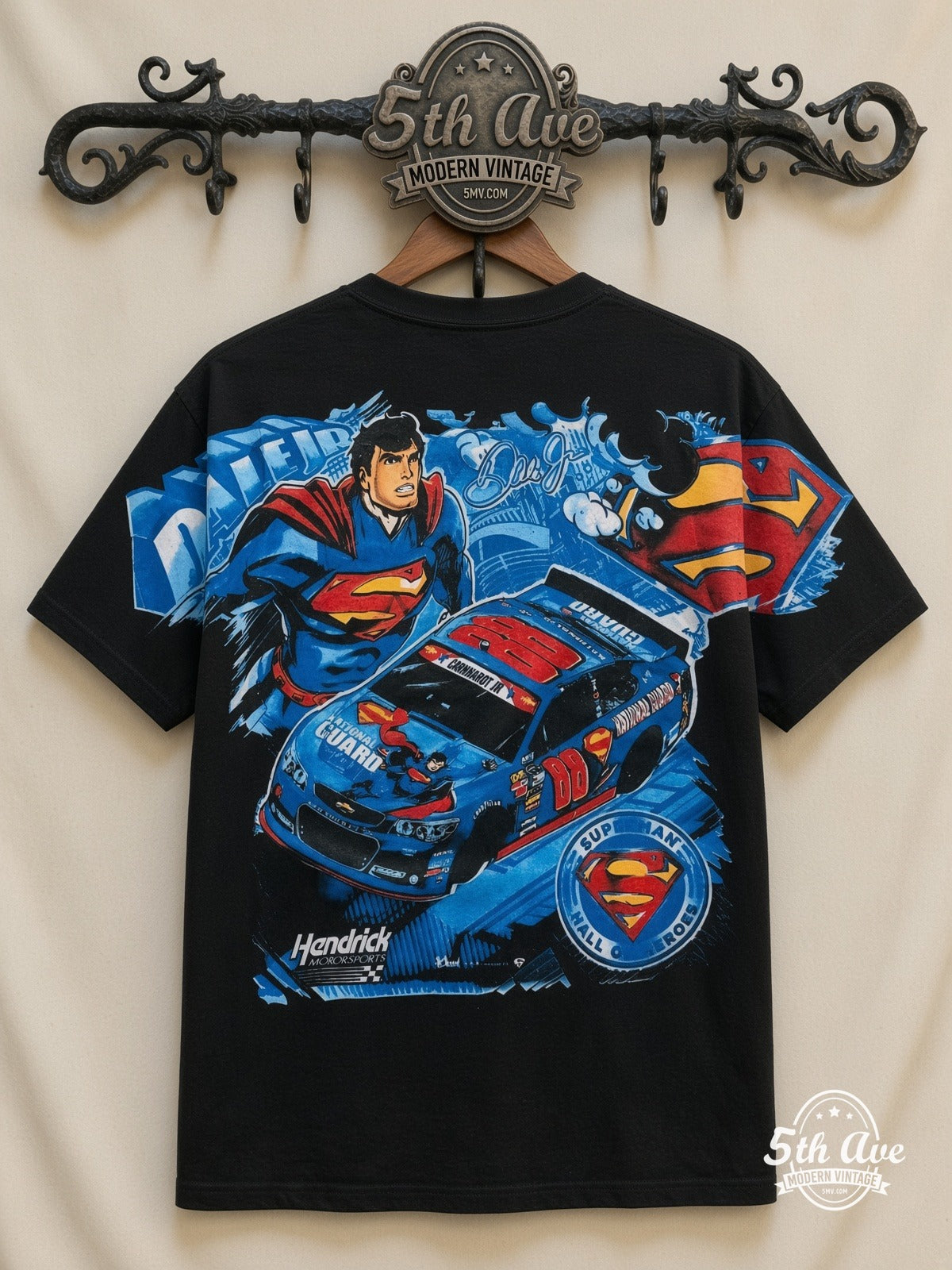 NASCAR Superman Dale Jr 88 National Guard all over print vintage tee back on cream 5th Ave rack