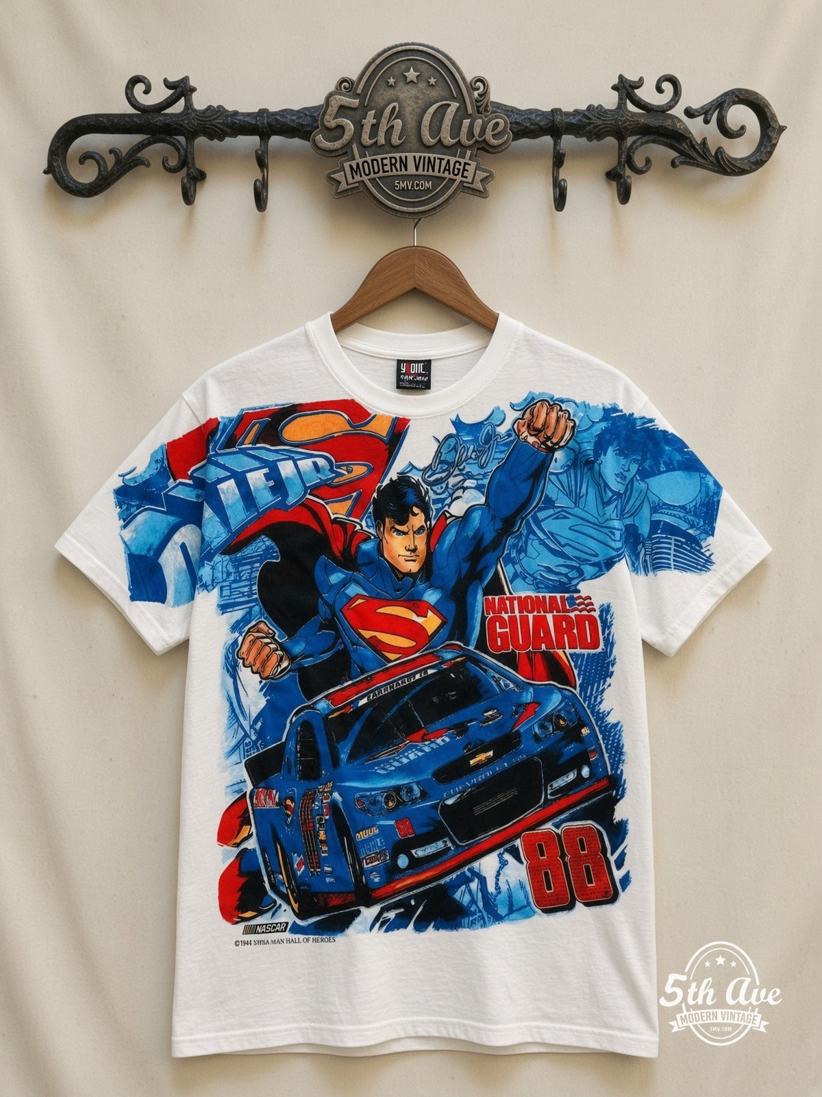 NASCAR Superman Dale Jr 88 National Guard all over print vintage nascar t-shirt front on cream 5th Ave rack