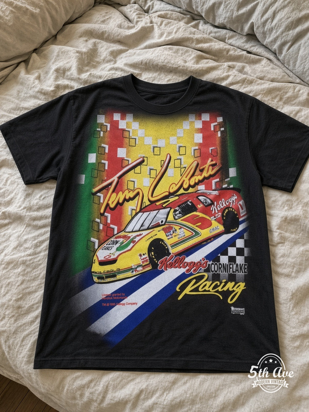 NASCAR Terry Labonte 5 Kelloggs Corn Flakes vintage tee laid on bed