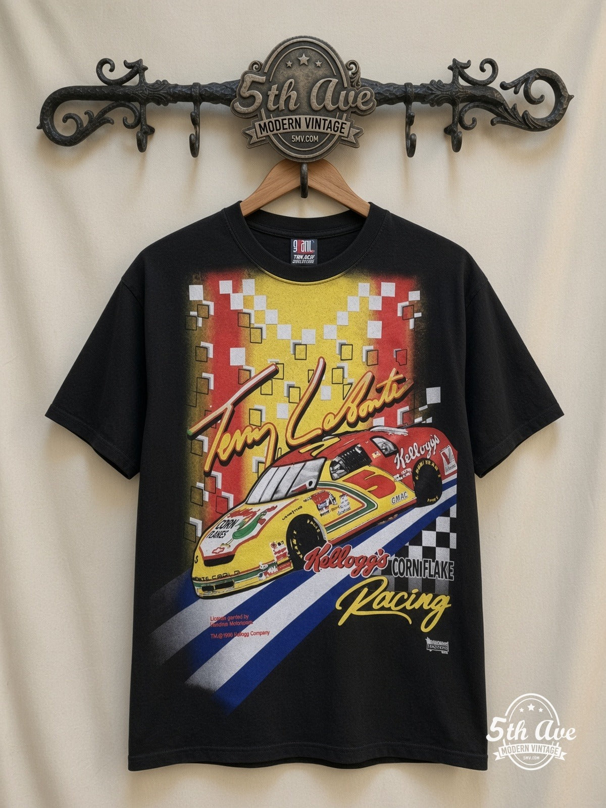 NASCAR Terry Labonte 5 Kelloggs Corn Flakes all over print vintage nascar t-shirt front on cream 5th Ave rack