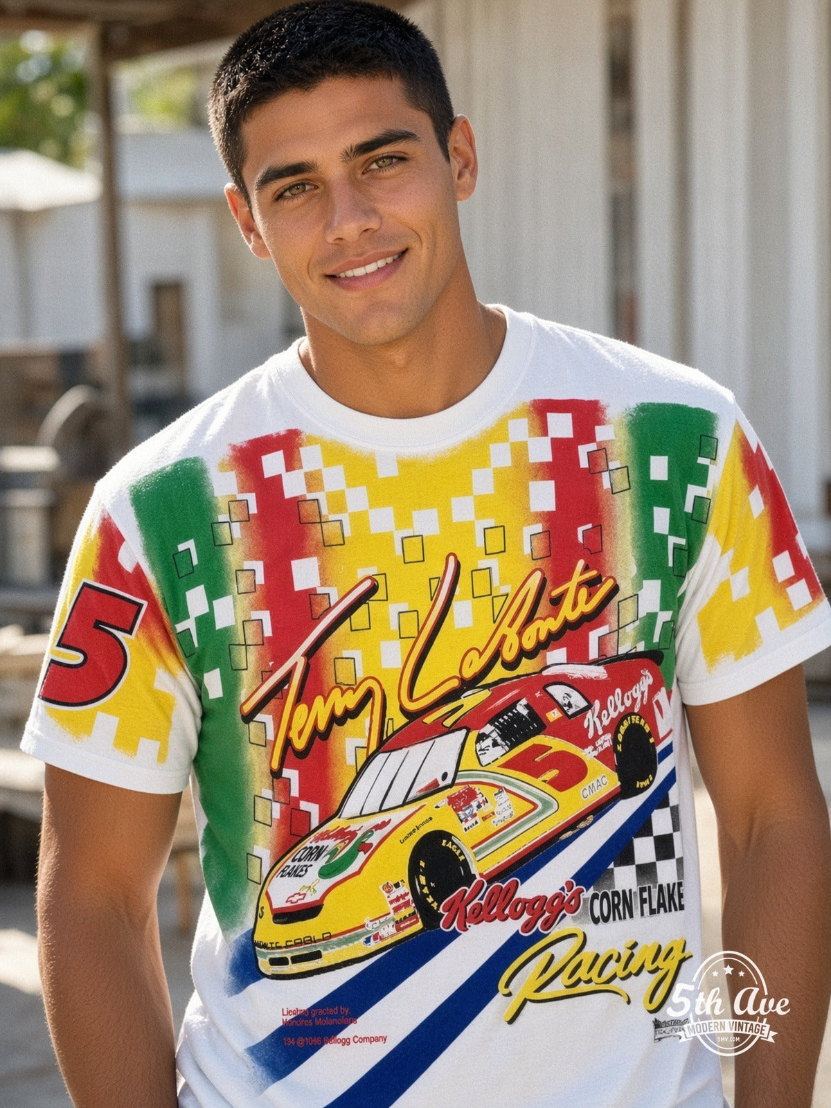 NASCAR Terry Labonte 5 Kelloggs Corn Flakes vintage tee model wearing