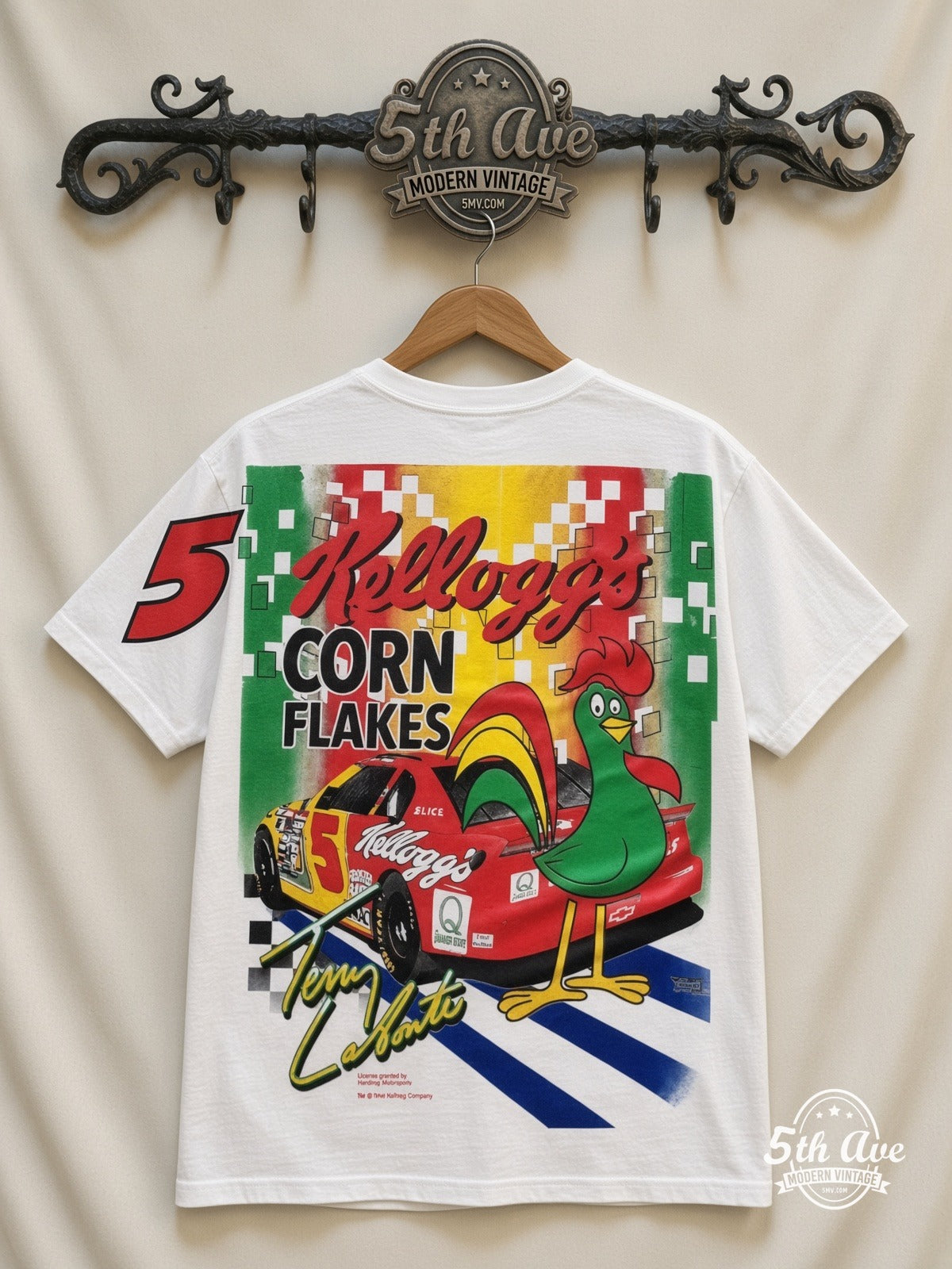 NASCAR Terry Labonte 5 Kelloggs Corn Flakes all over print vintage tee back on cream 5th Ave rack