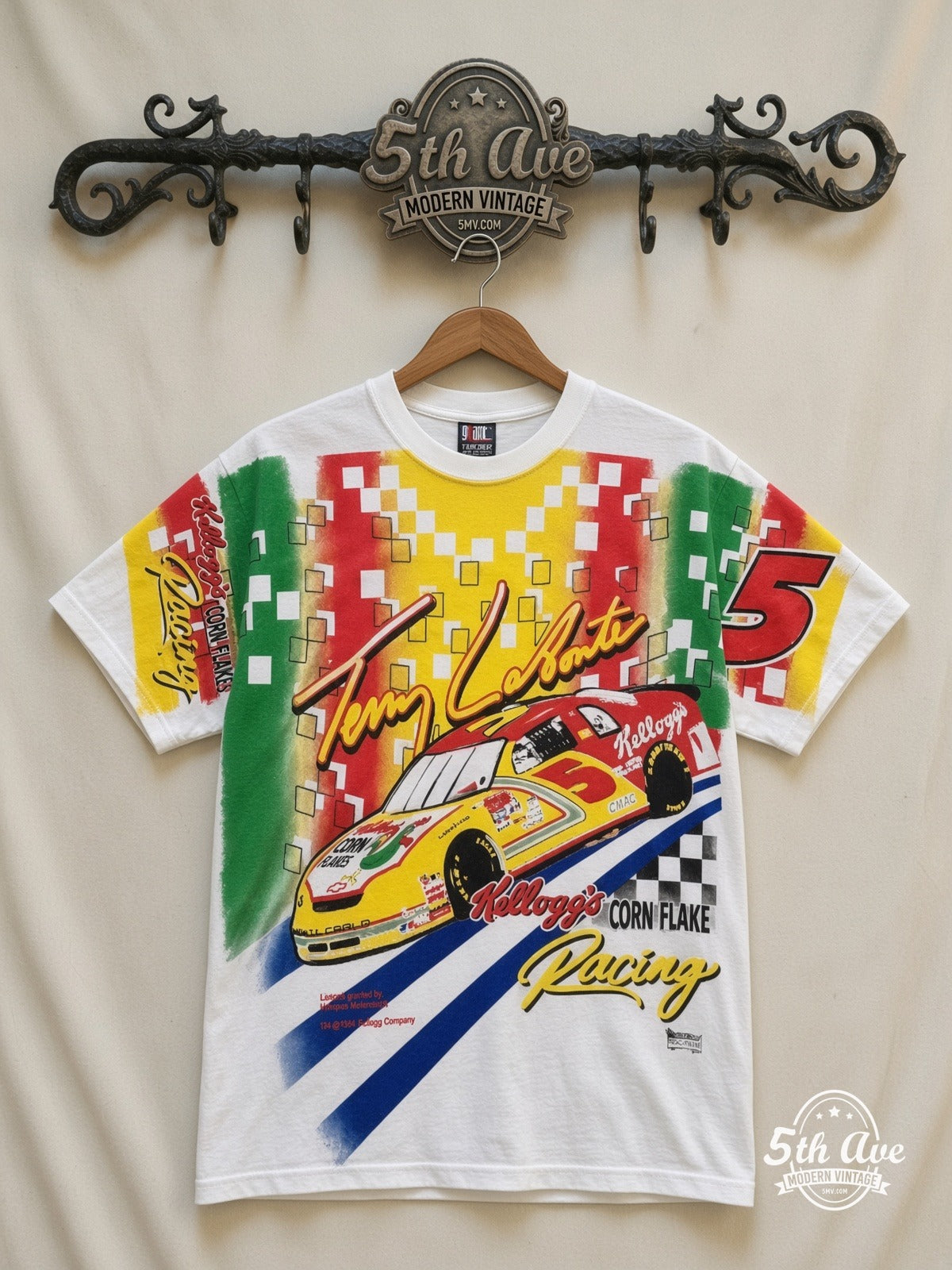 NASCAR Terry Labonte 5 Kelloggs Corn Flakes all over print vintage nascar t-shirt front on cream 5th Ave rack